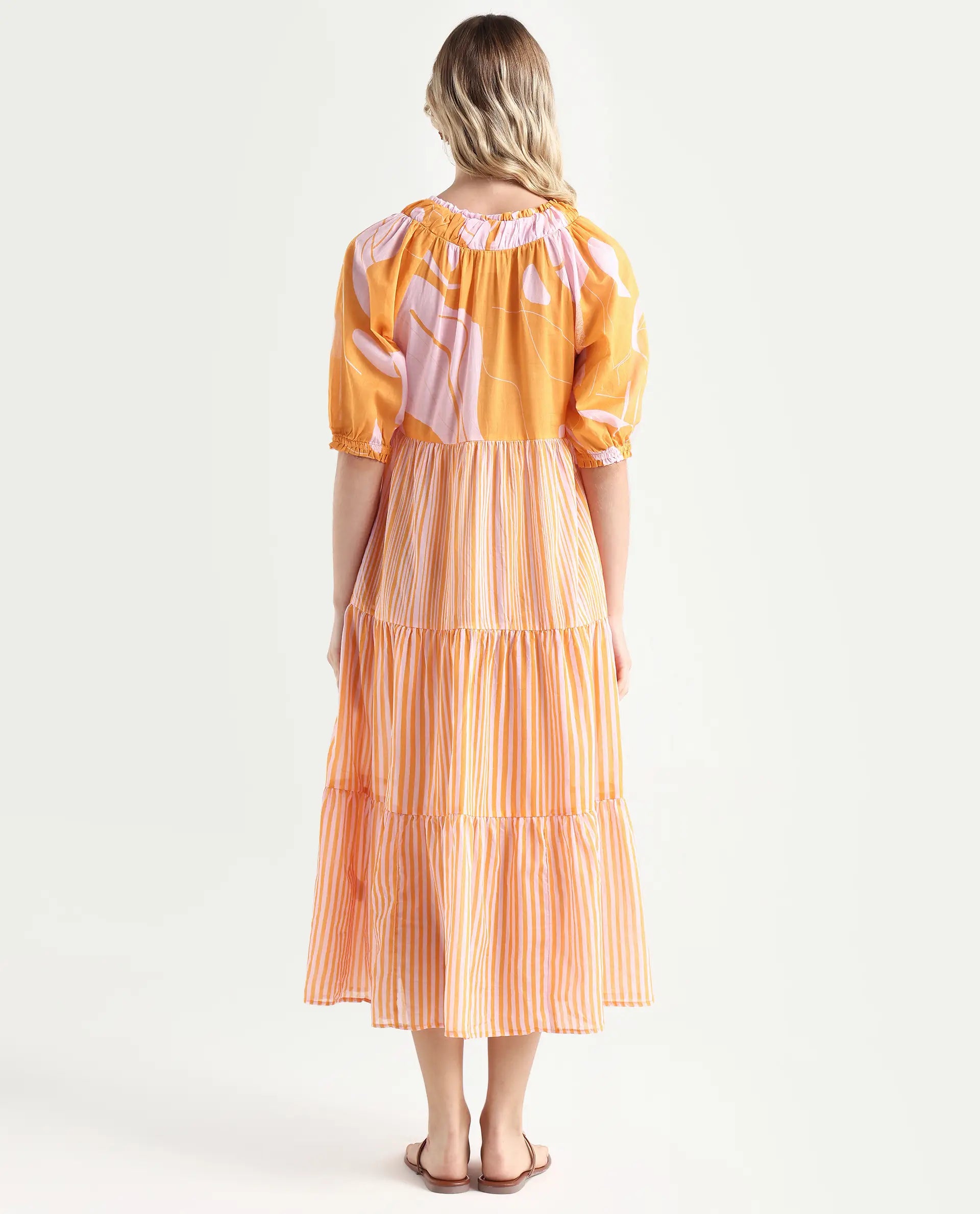 Rareism Women's Leviosa Mustard Cotton Tie-Up Neck Abstract Print Puff Sleeves Knee Length Regular Fit Dress