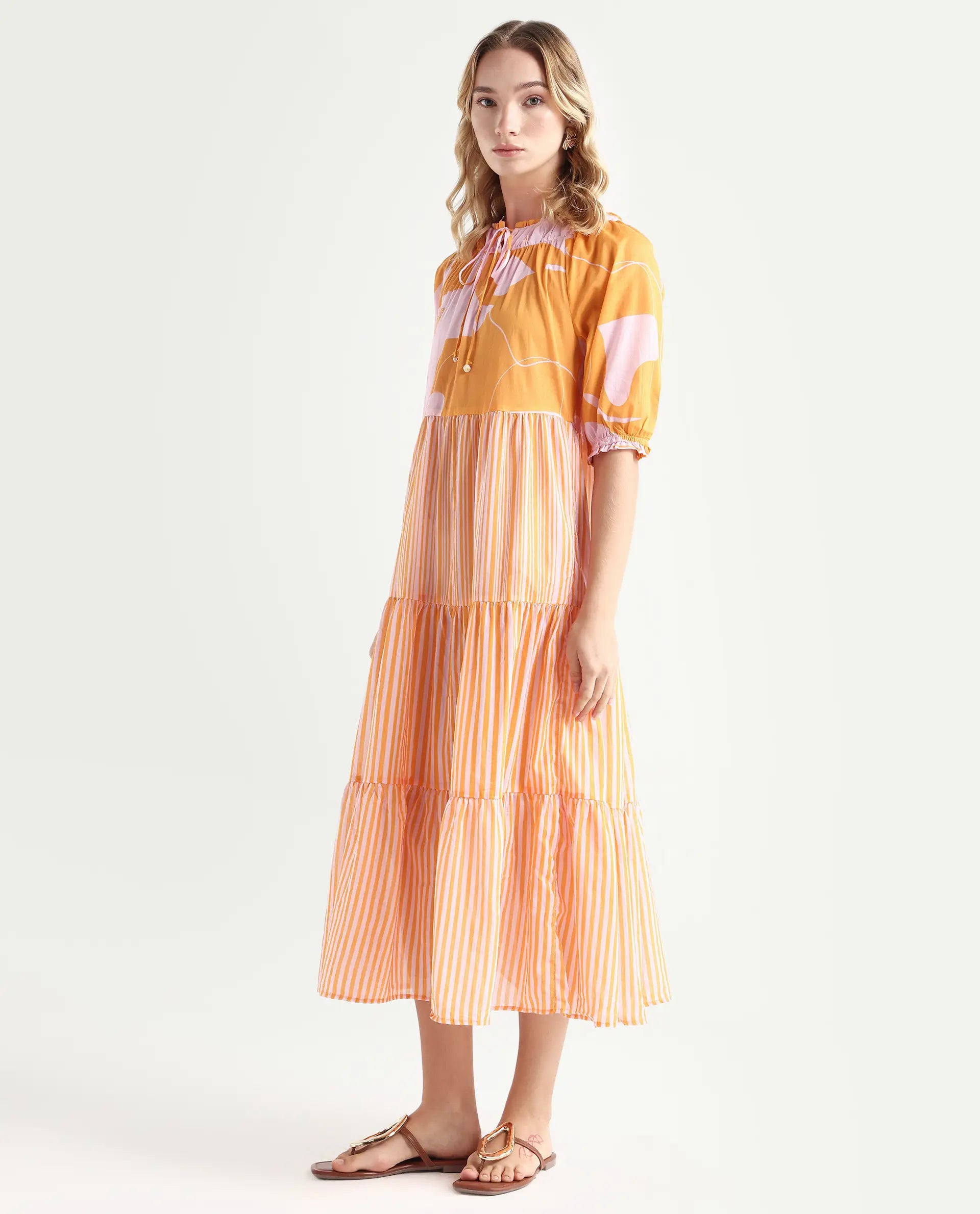 Rareism Women's Leviosa Mustard Cotton Tie-Up Neck Abstract Print Puff Sleeves Knee Length Regular Fit Dress
