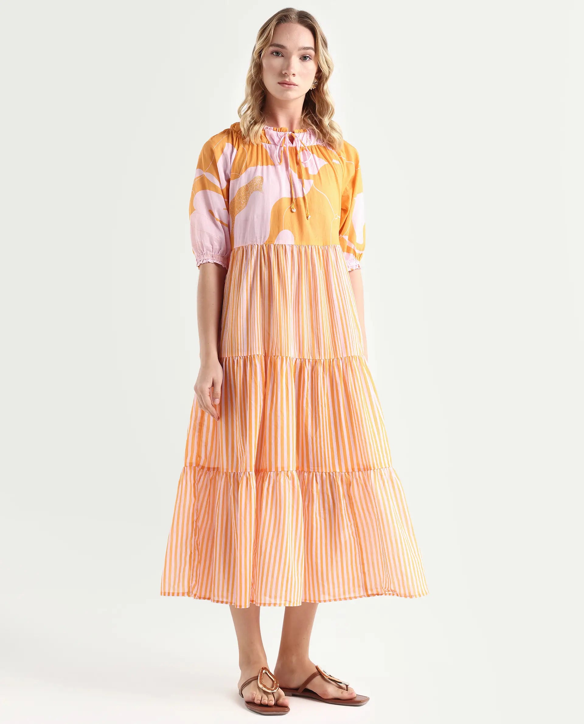 Rareism Women's Leviosa Mustard Cotton Tie-Up Neck Abstract Print Puff Sleeves Knee Length Regular Fit Dress