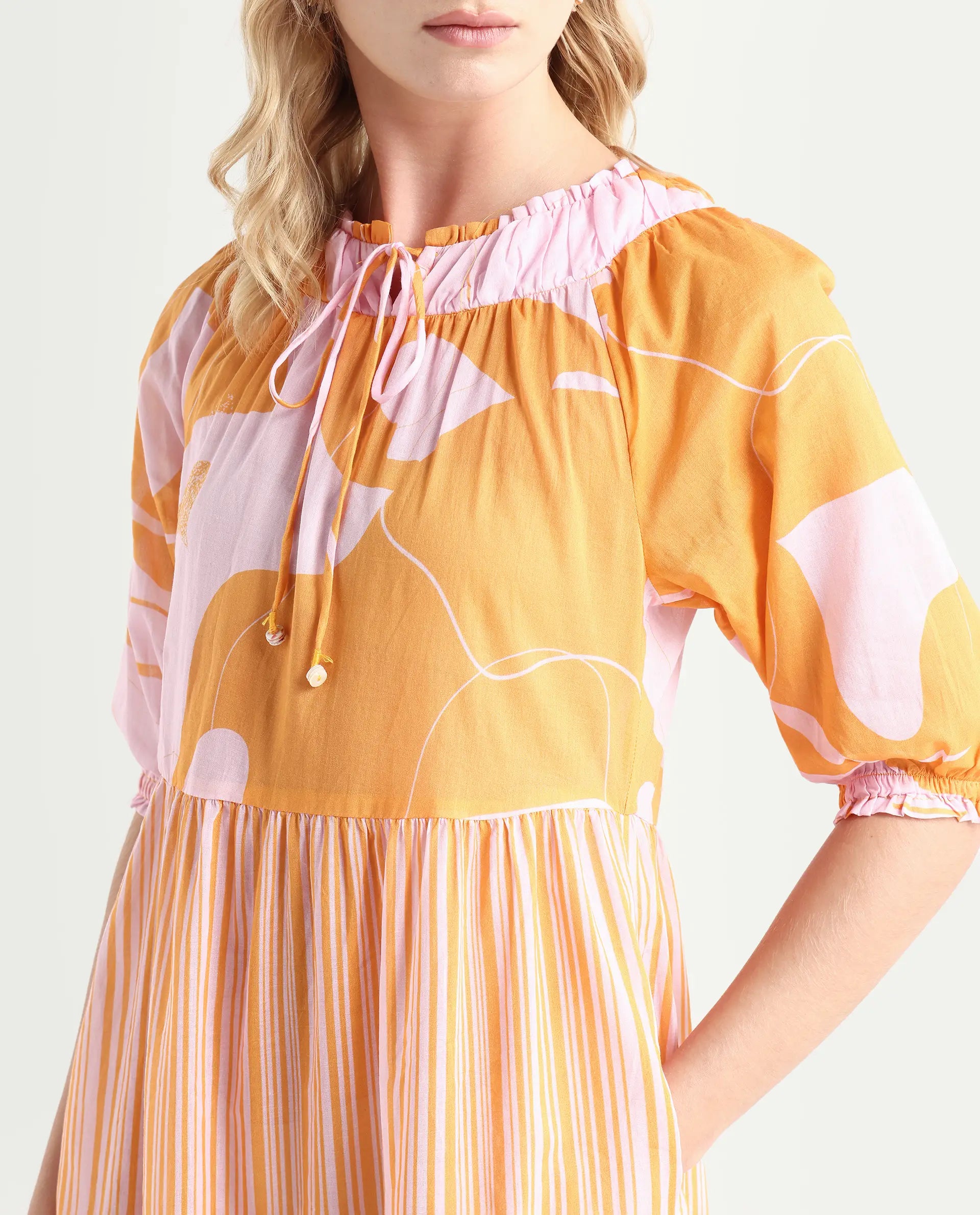 Rareism Women's Leviosa Mustard Cotton Tie-Up Neck Abstract Print Puff Sleeves Knee Length Regular Fit Dress