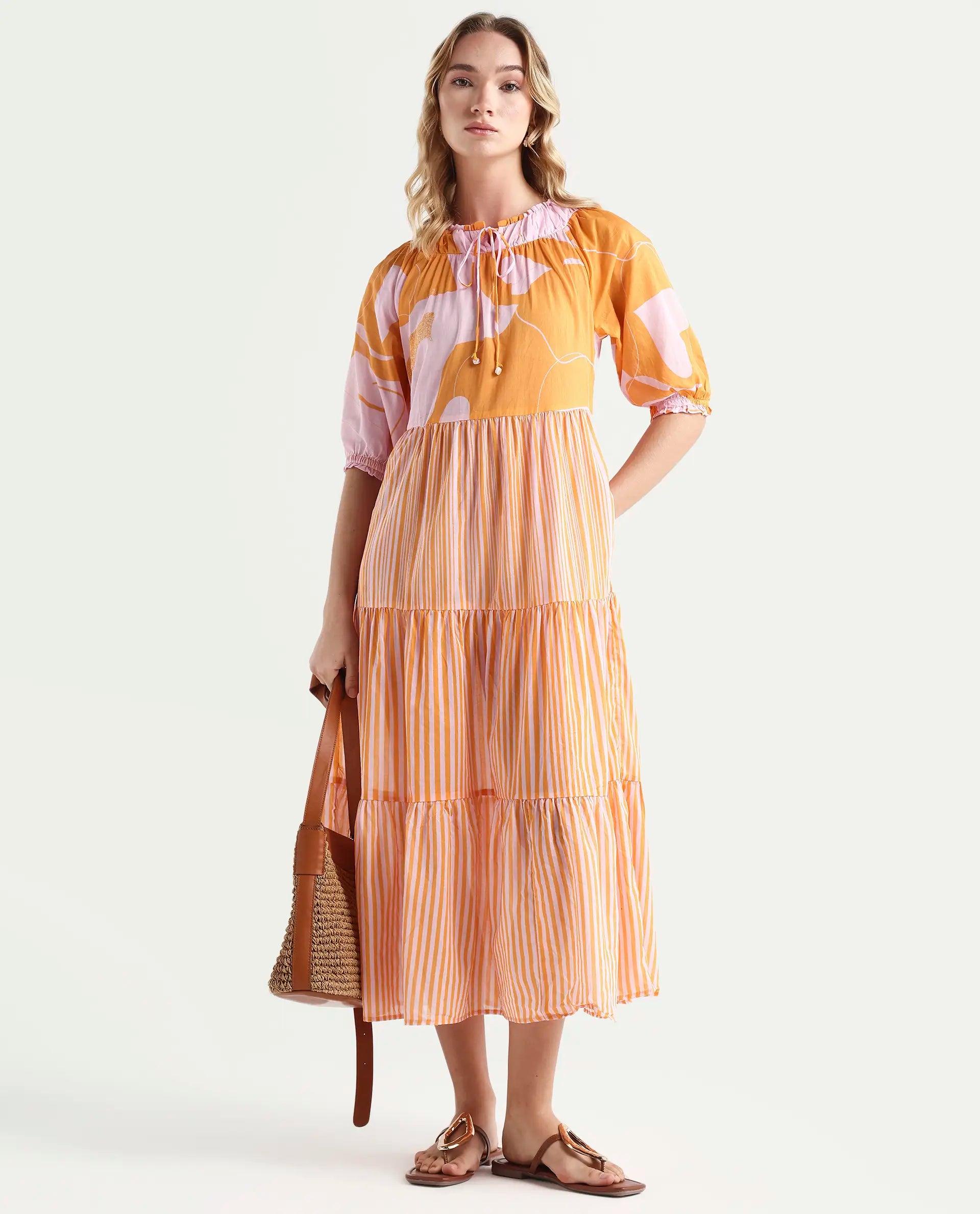 Rareism Women's Leviosa Mustard Cotton Tie-Up Neck Abstract Print Puff Sleeves Knee Length Regular Fit Dress