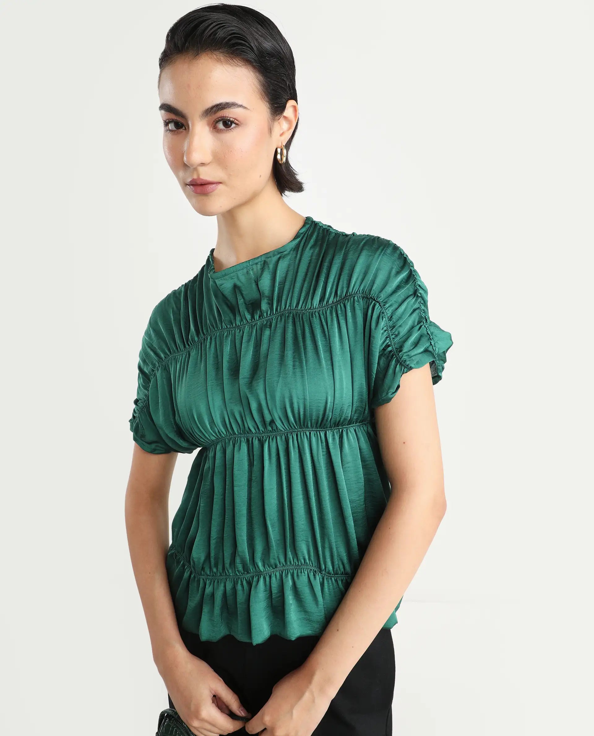 Rareism Women's Larissa Olive Polyester Boat Neck Plain Extended Sleeves Regular Fit Top