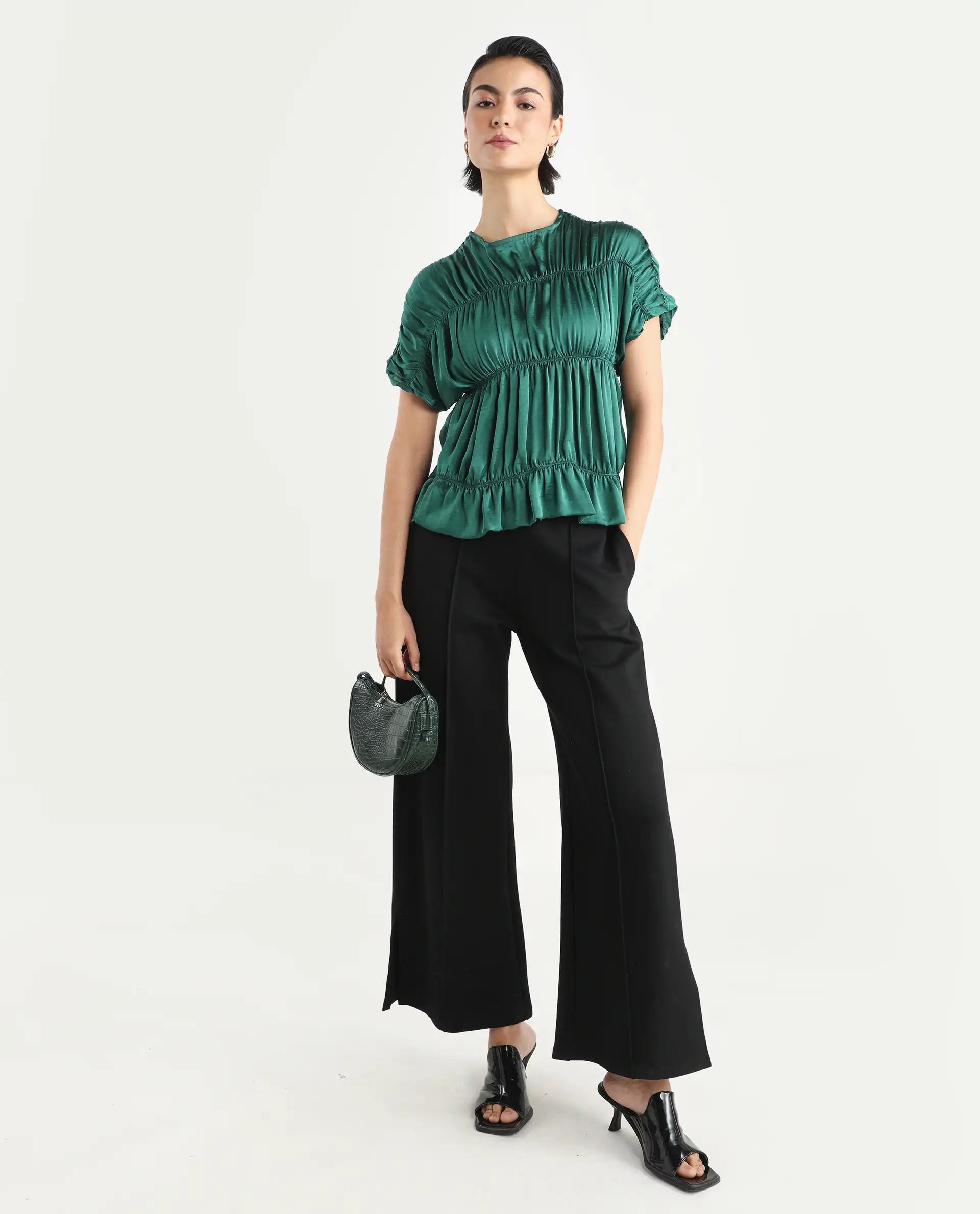 Rareism Women's Larissa Olive Polyester Boat Neck Plain Extended Sleeves Regular Fit Top