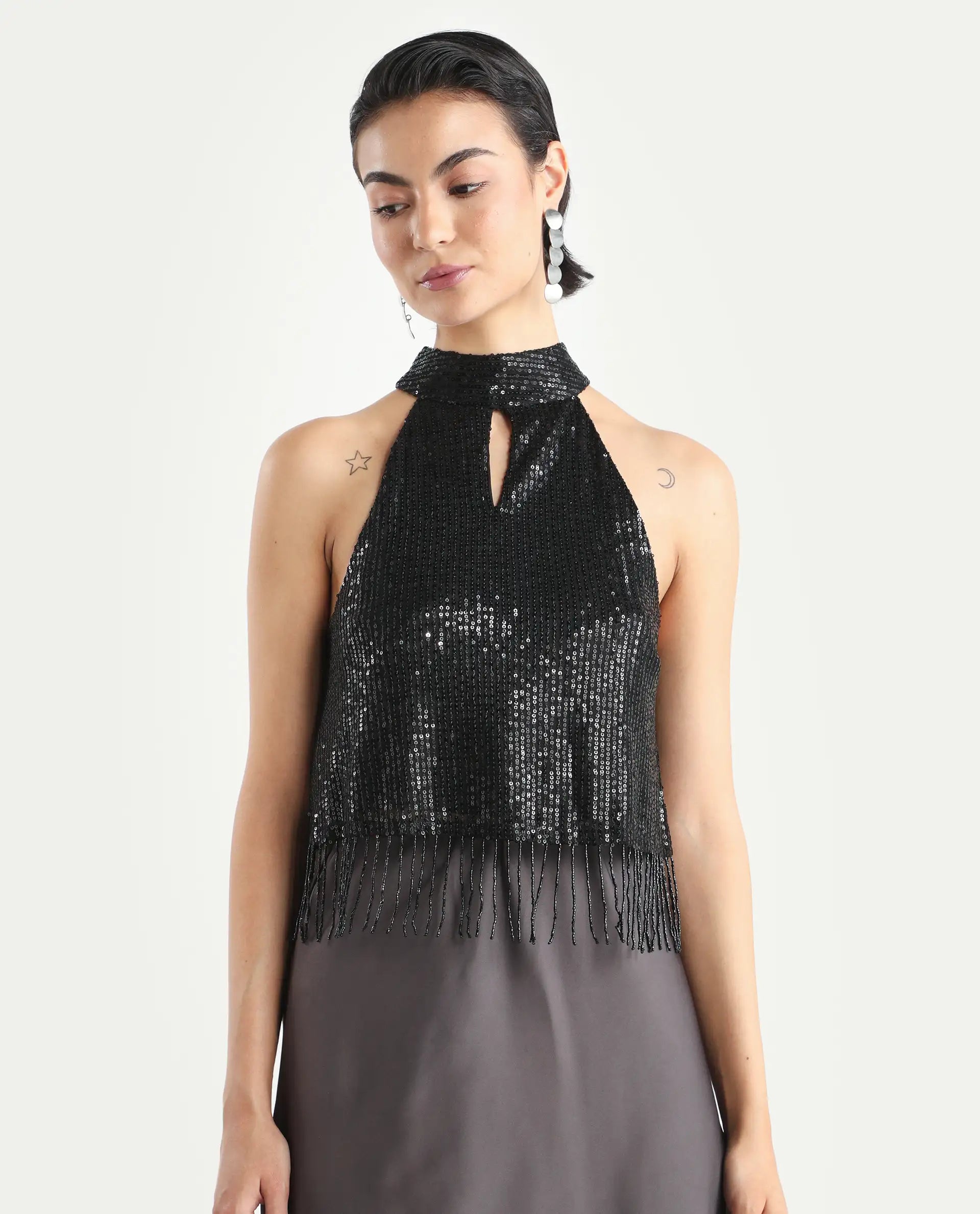 Rareism Women's Lovia Black Nylon Halter Neck Sequined Sleeveless Regular Fit Top