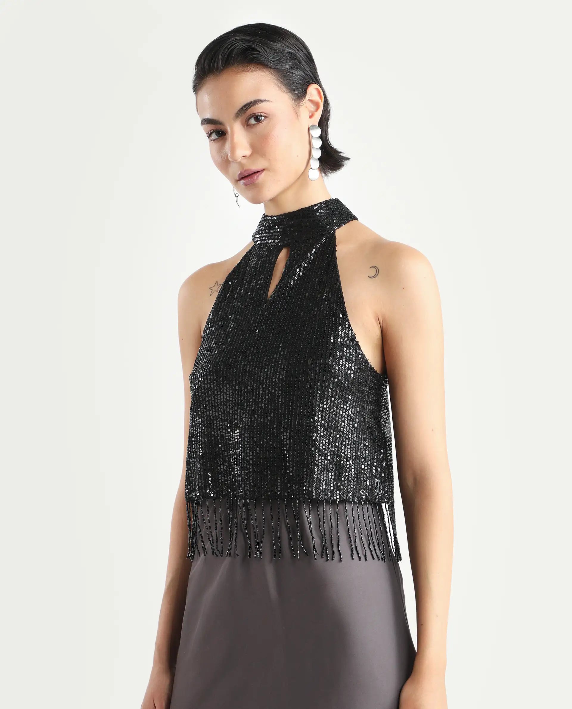 Rareism Women's Lovia Black Nylon Halter Neck Sequined Sleeveless Regular Fit Top