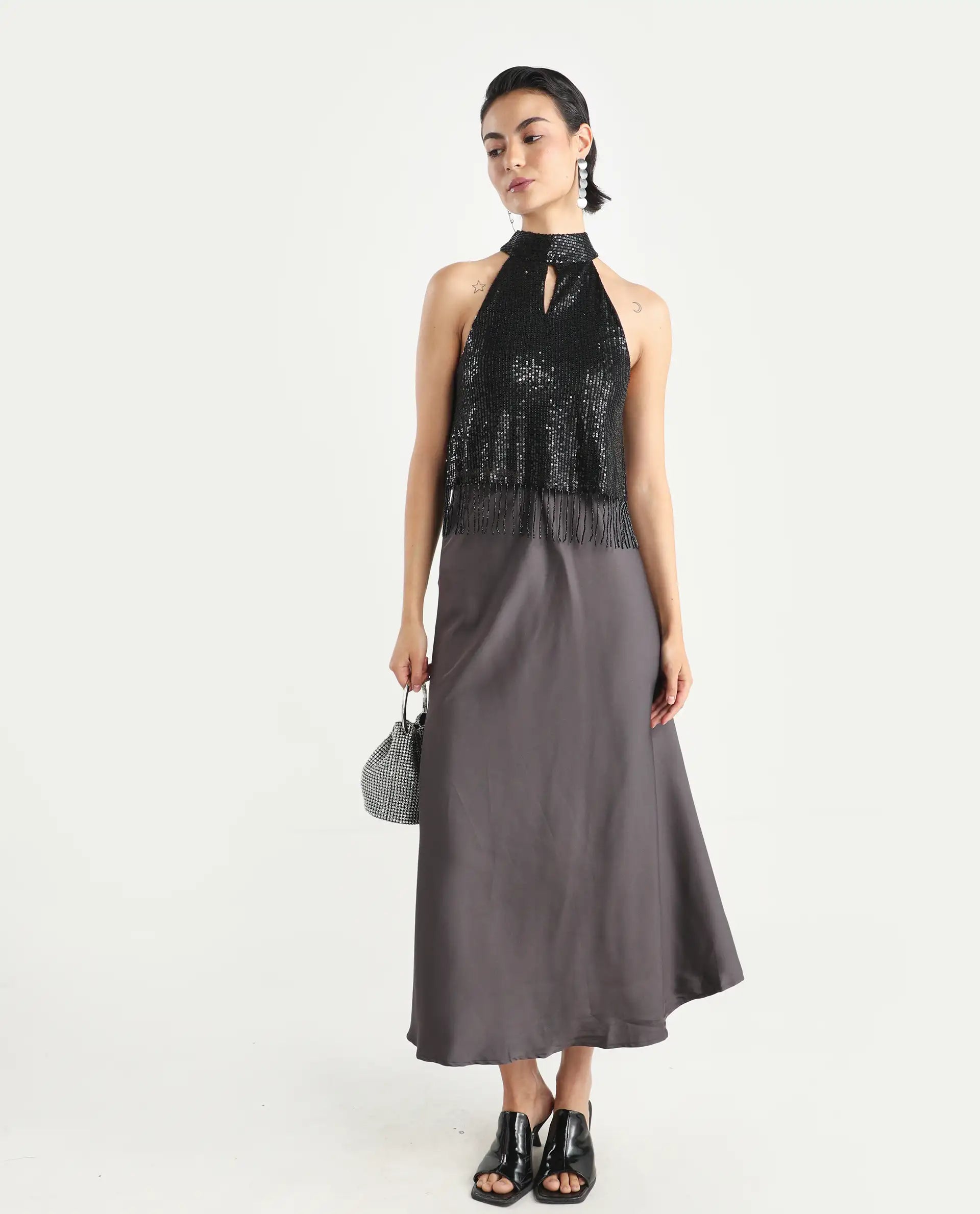 Rareism Women's Lovia Black Nylon Halter Neck Sequined Sleeveless Regular Fit Top