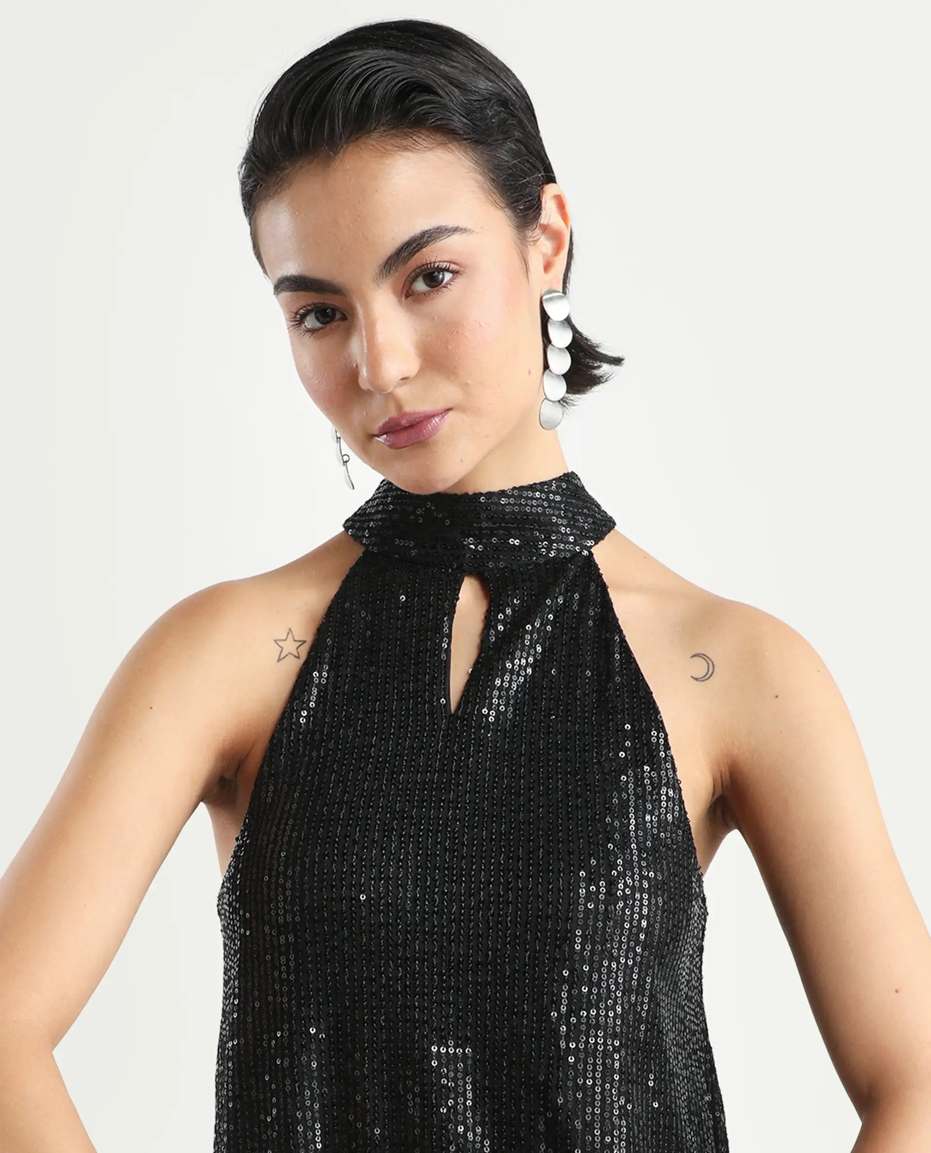 Rareism Women's Lovia Black Nylon Halter Neck Sequined Sleeveless Regular Fit Top