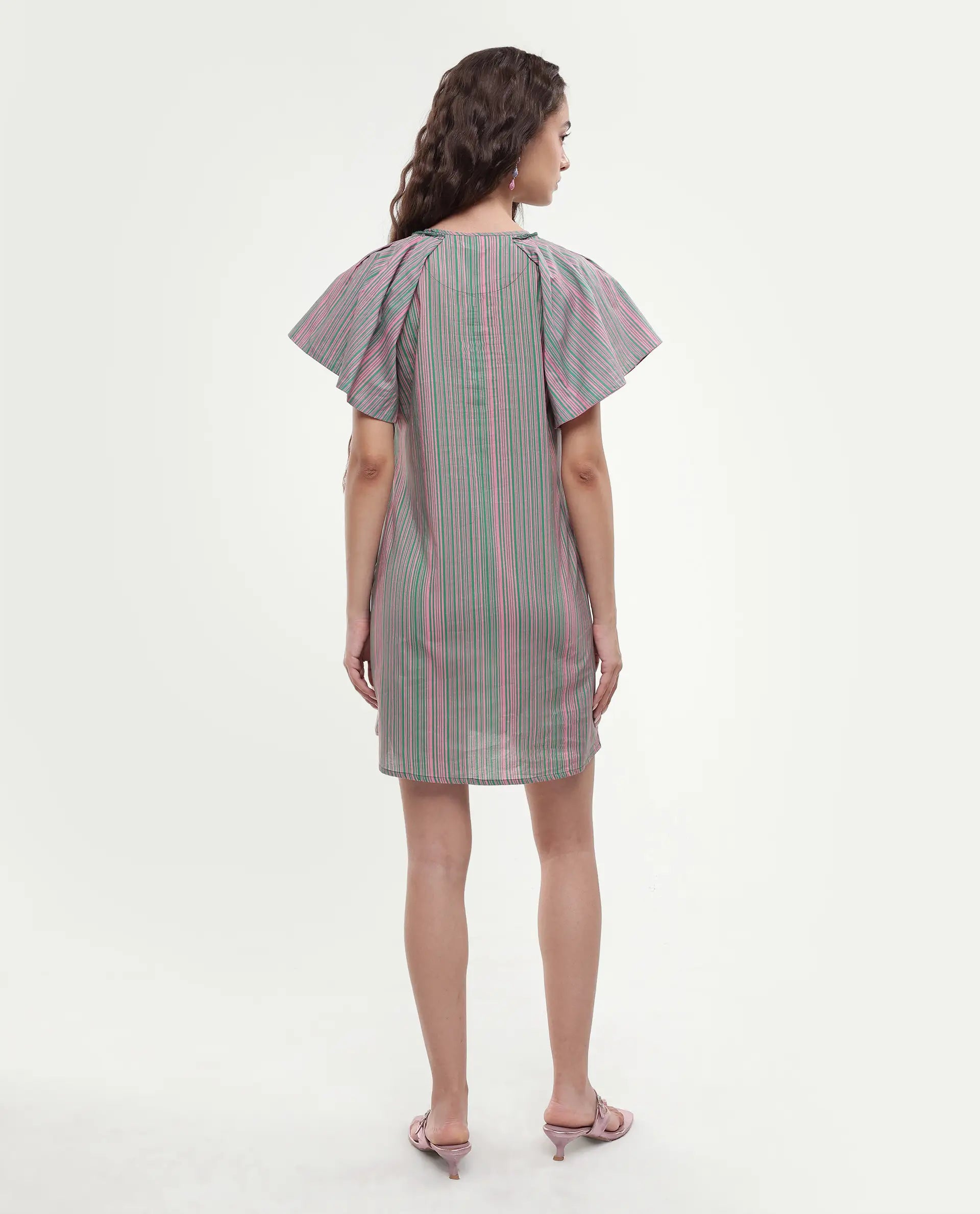 Rareism Women's Berta Pink Cotton Key Hole Neck Striped Ruffled Sleeve Mini Flared Dress