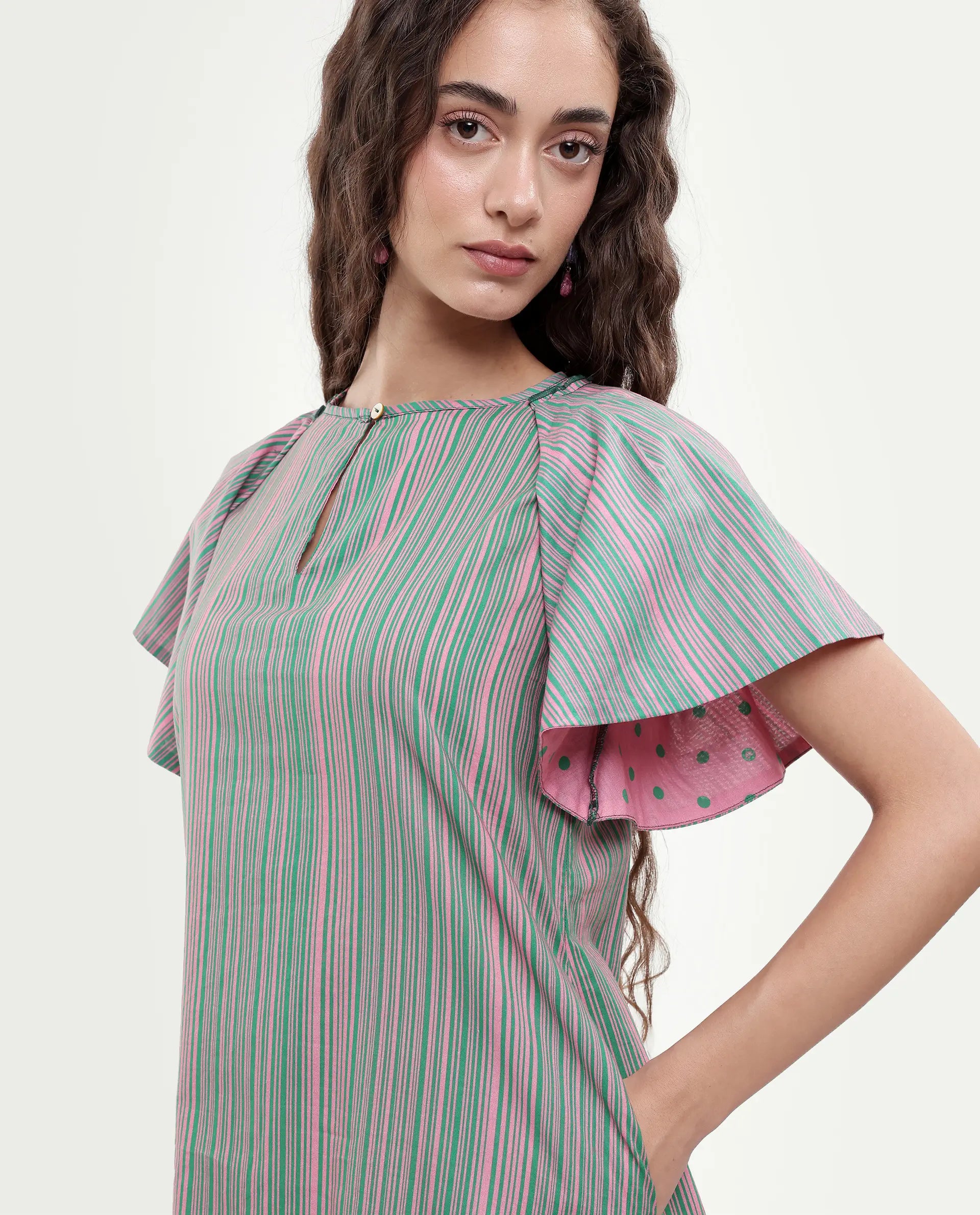 Rareism Women's Berta Pink Cotton Key Hole Neck Striped Ruffled Sleeve Mini Flared Dress
