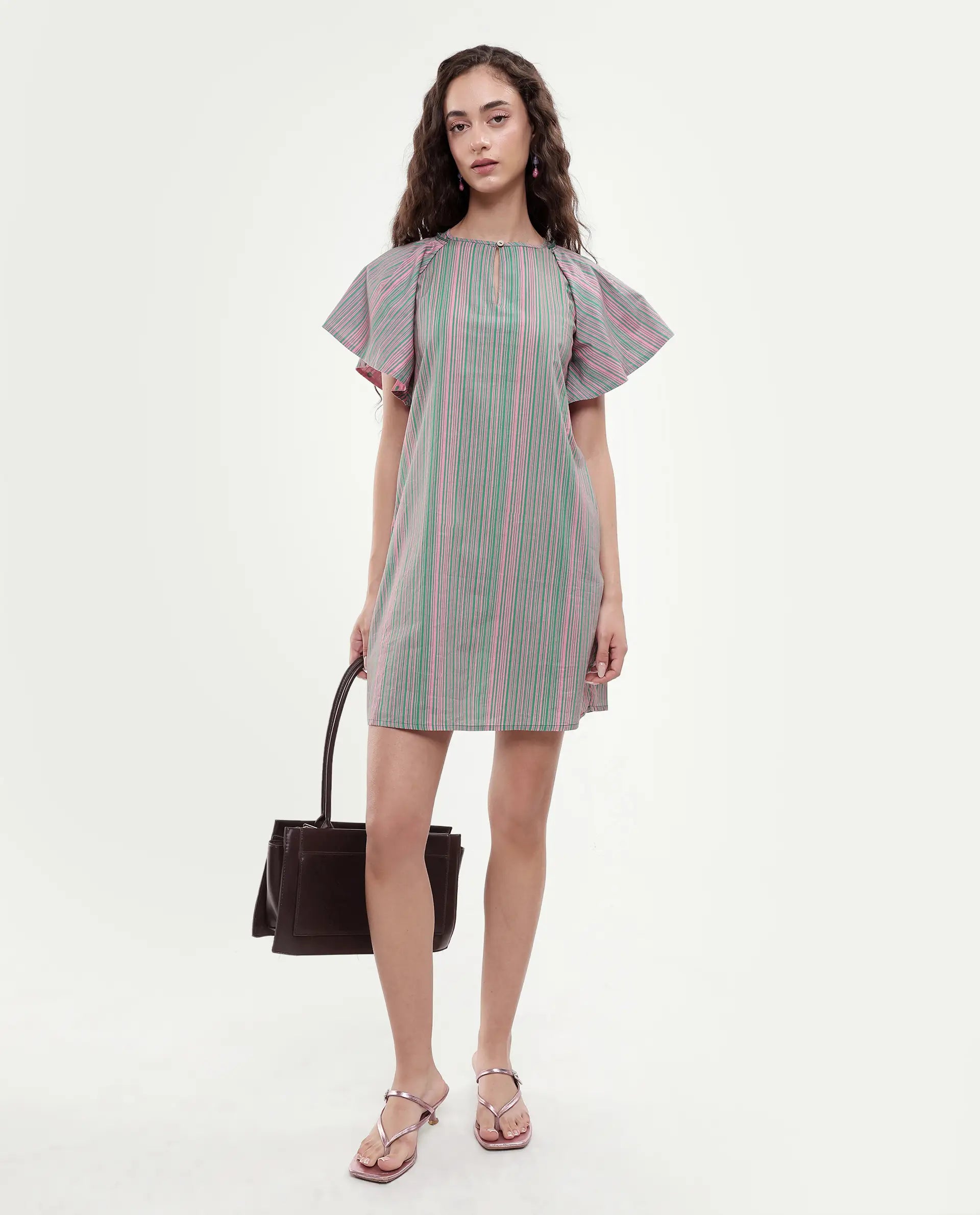 Rareism Women's Berta Pink Cotton Key Hole Neck Striped Ruffled Sleeve Mini Flared Dress