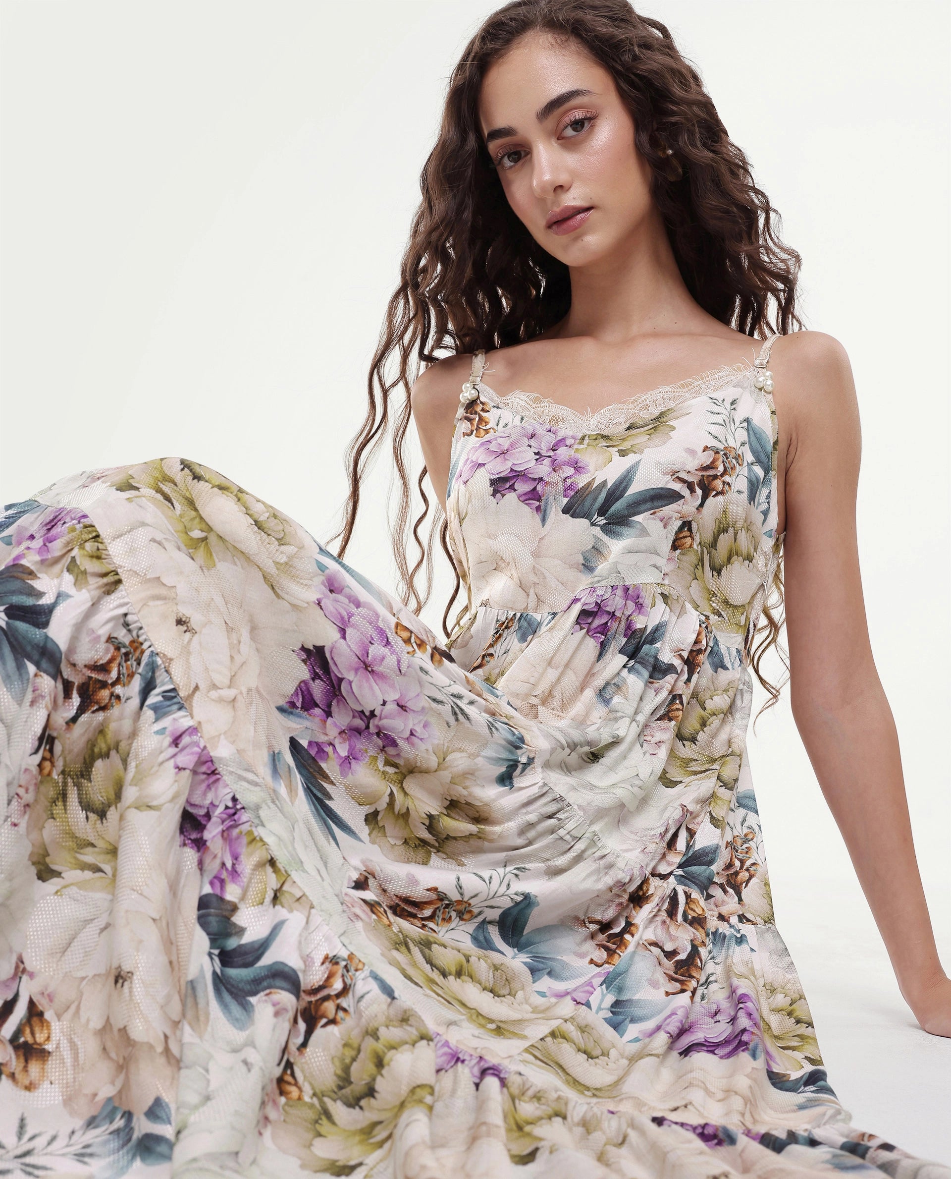 Rareism Women's Joanna Multi Cotton V-Neck Floral Print Shoulder Strap Midi Regular Fit Dress