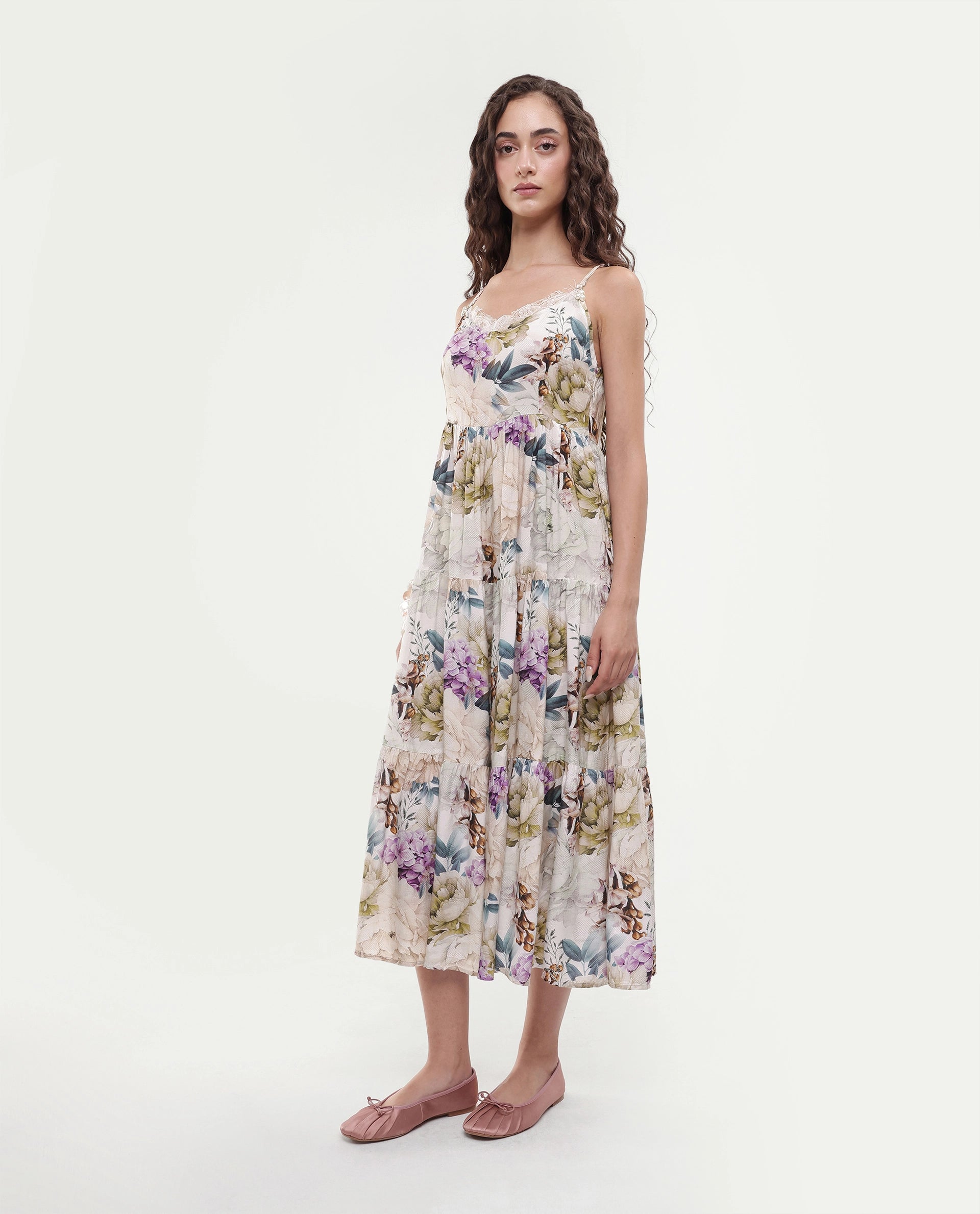 Rareism Women's Joanna Multi Cotton V-Neck Floral Print Shoulder Strap Midi Regular Fit Dress