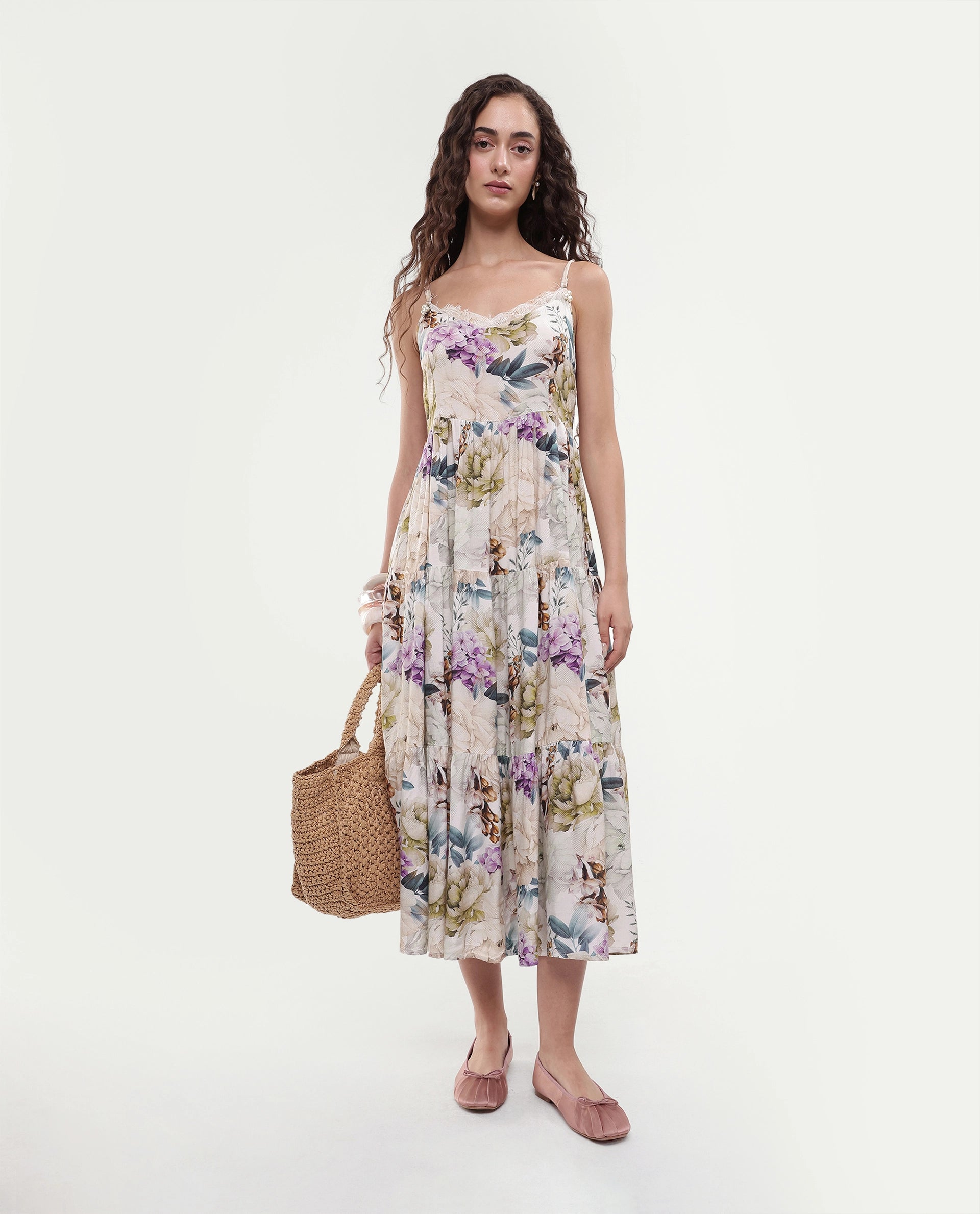 Rareism Women's Joanna Multi Cotton V-Neck Floral Print Shoulder Strap Midi Regular Fit Dress