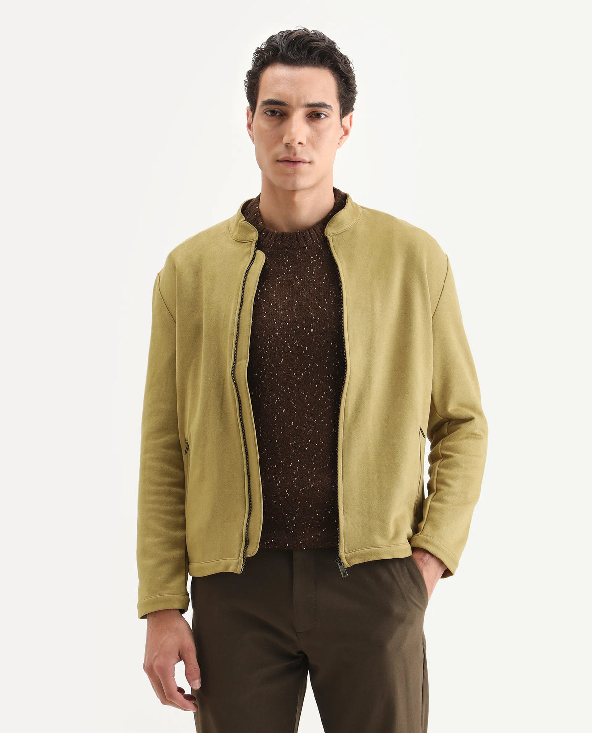 Rare Rabbit Men's Sink Green Plain Regular Fit Full Sleeve Mandarin Collar Jacket