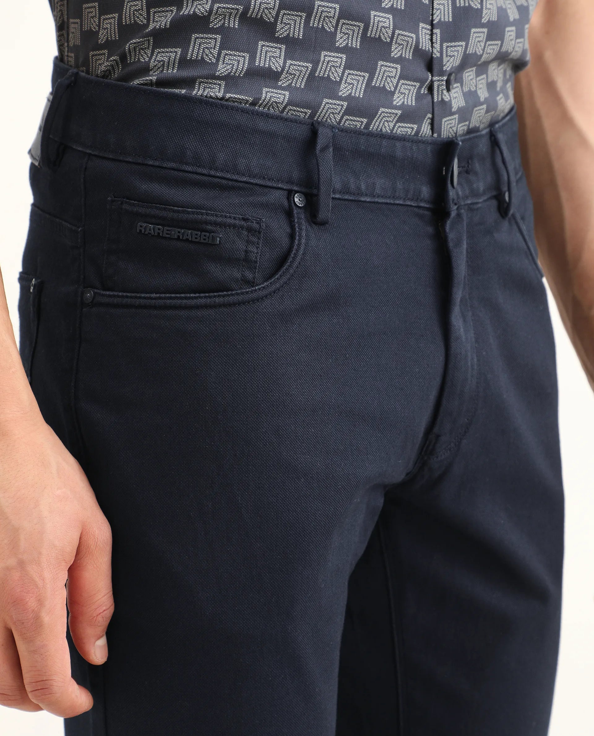 Rare Rabbit Men's Poke Navy Cotton Plain Regular Fit Trouser