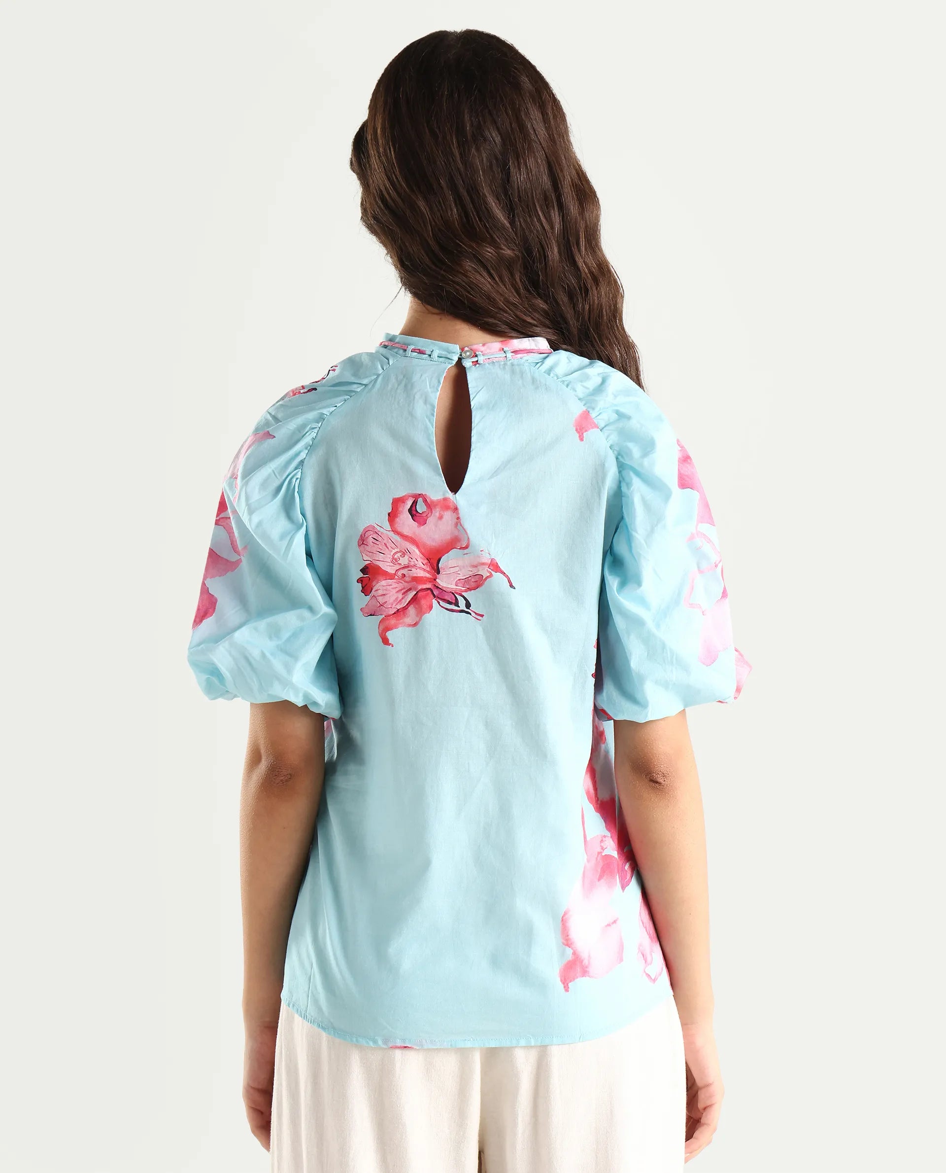 Rareism Women's Kink Blue Polyester Blend Tie-Up Neck Floral Print Puff Sleeves Relaxed Fit Top