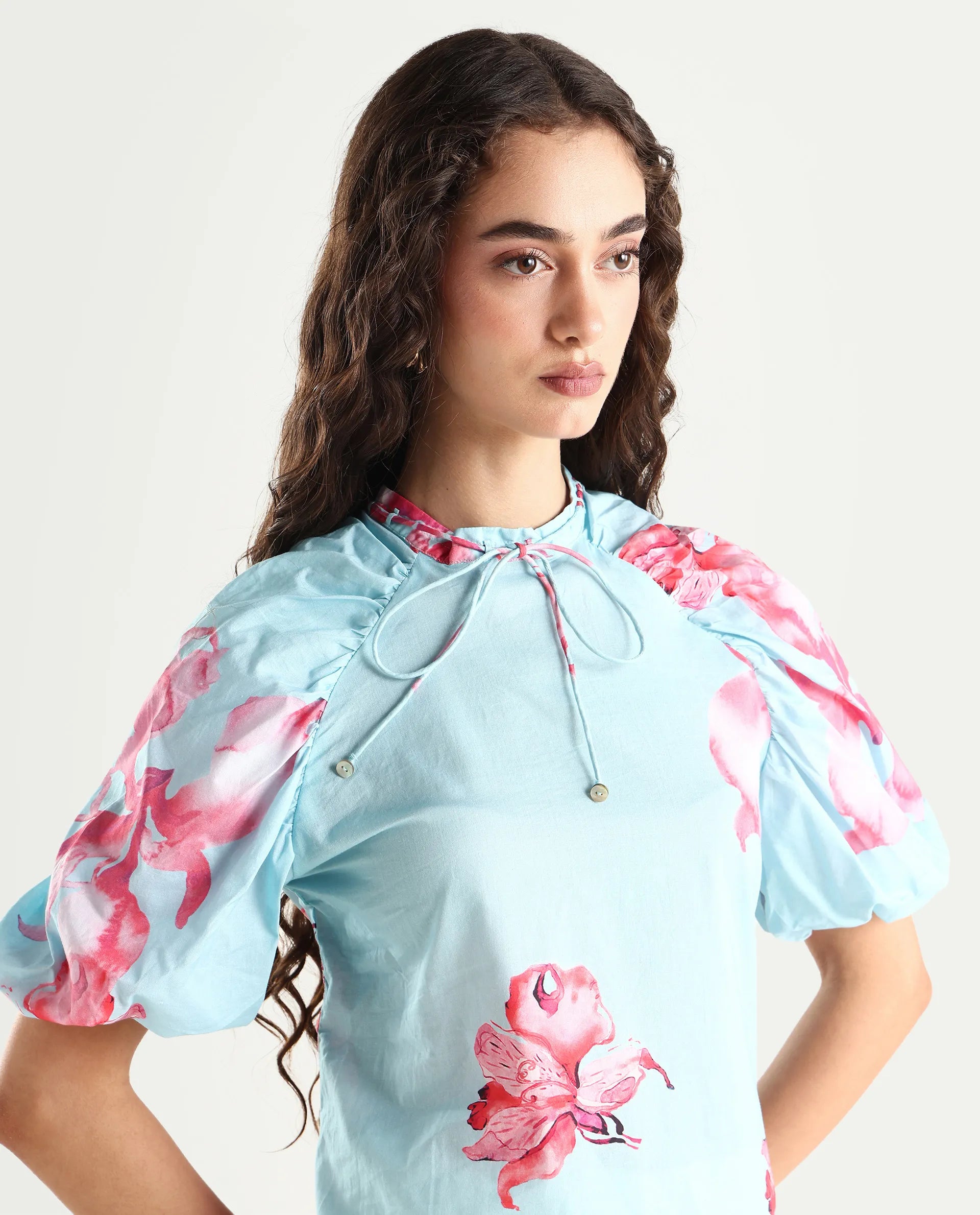Rareism Women's Kink Blue Polyester Blend Tie-Up Neck Floral Print Puff Sleeves Relaxed Fit Top