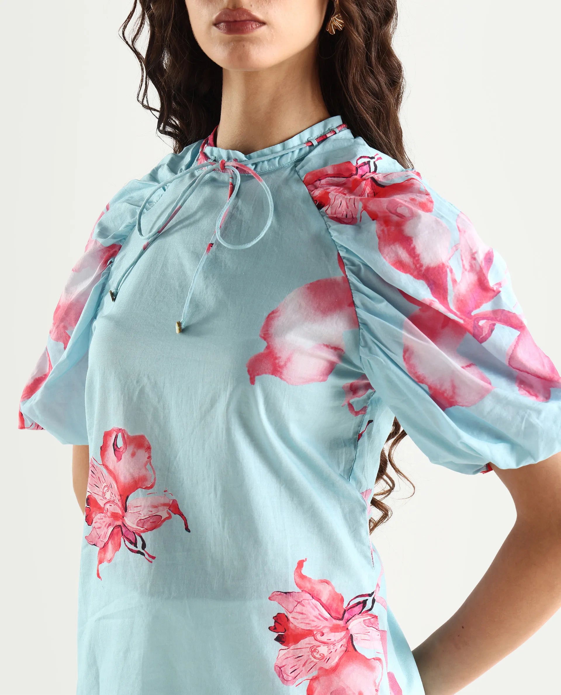 Rareism Women's Kink Blue Polyester Blend Tie-Up Neck Floral Print Puff Sleeves Relaxed Fit Top