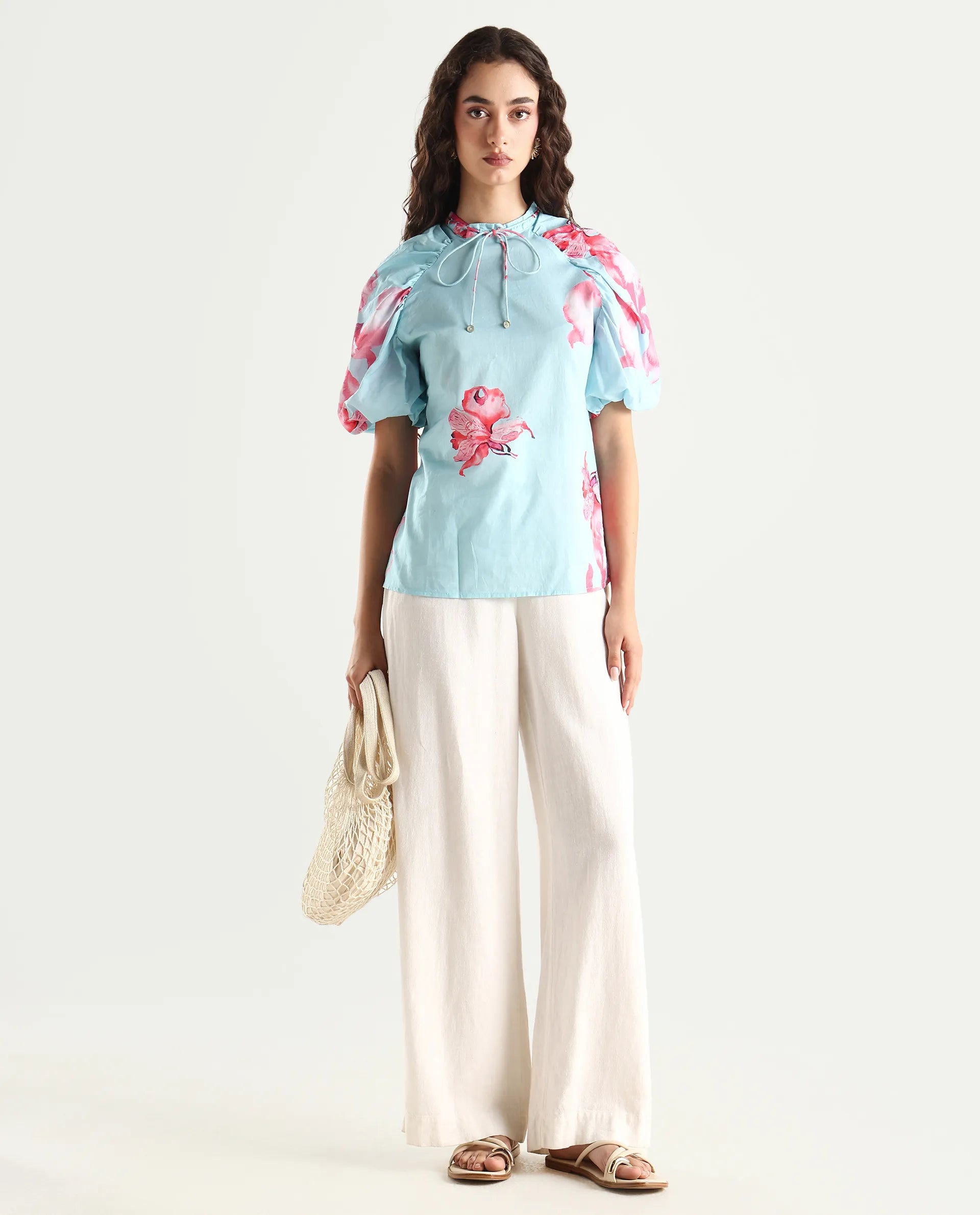 Rareism Women's Kink Blue Polyester Blend Tie-Up Neck Floral Print Puff Sleeves Relaxed Fit Top