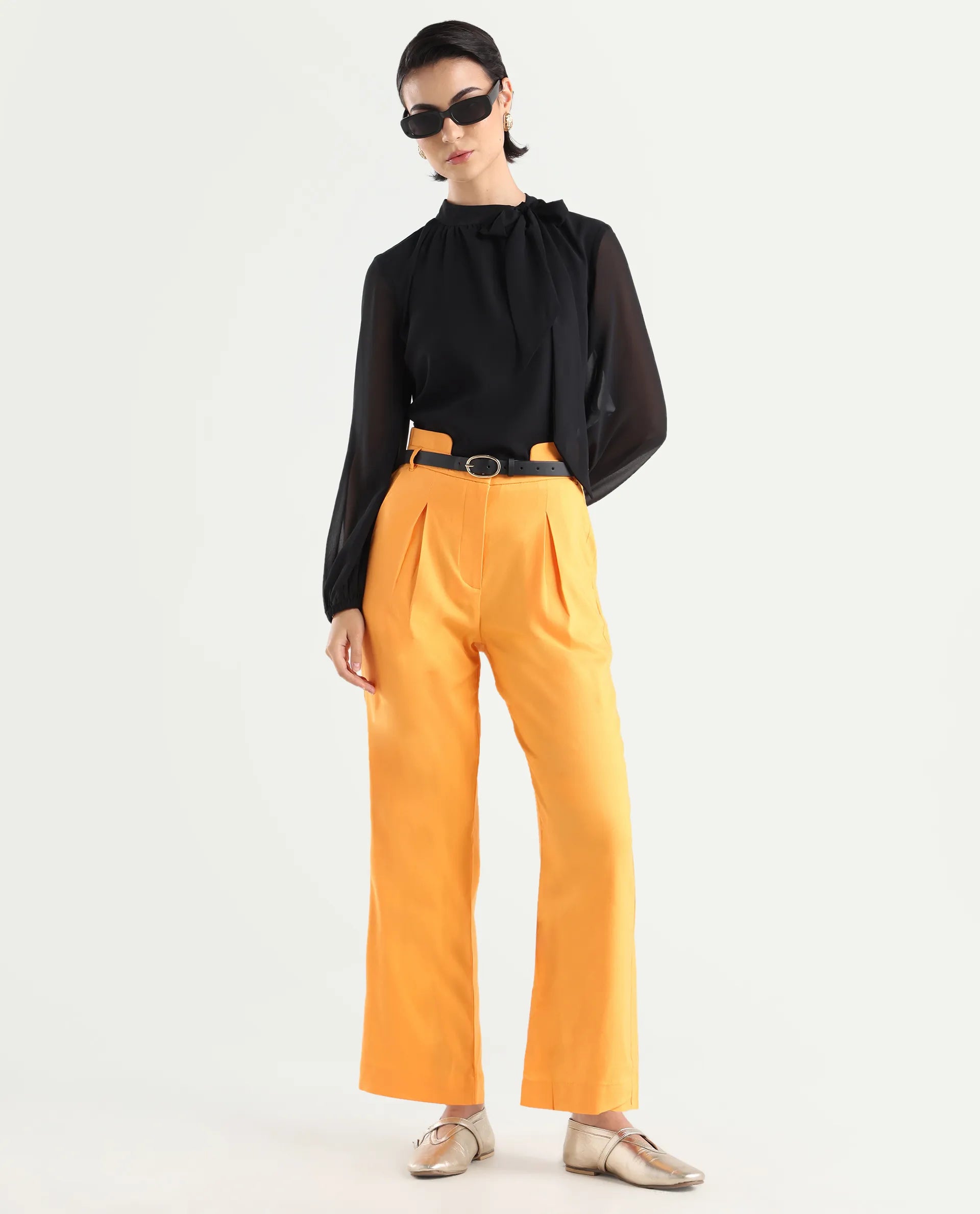 Rareism Women's Evanova Mustard Polyester Blend Plain Ankle Length Regular Fit Trouser