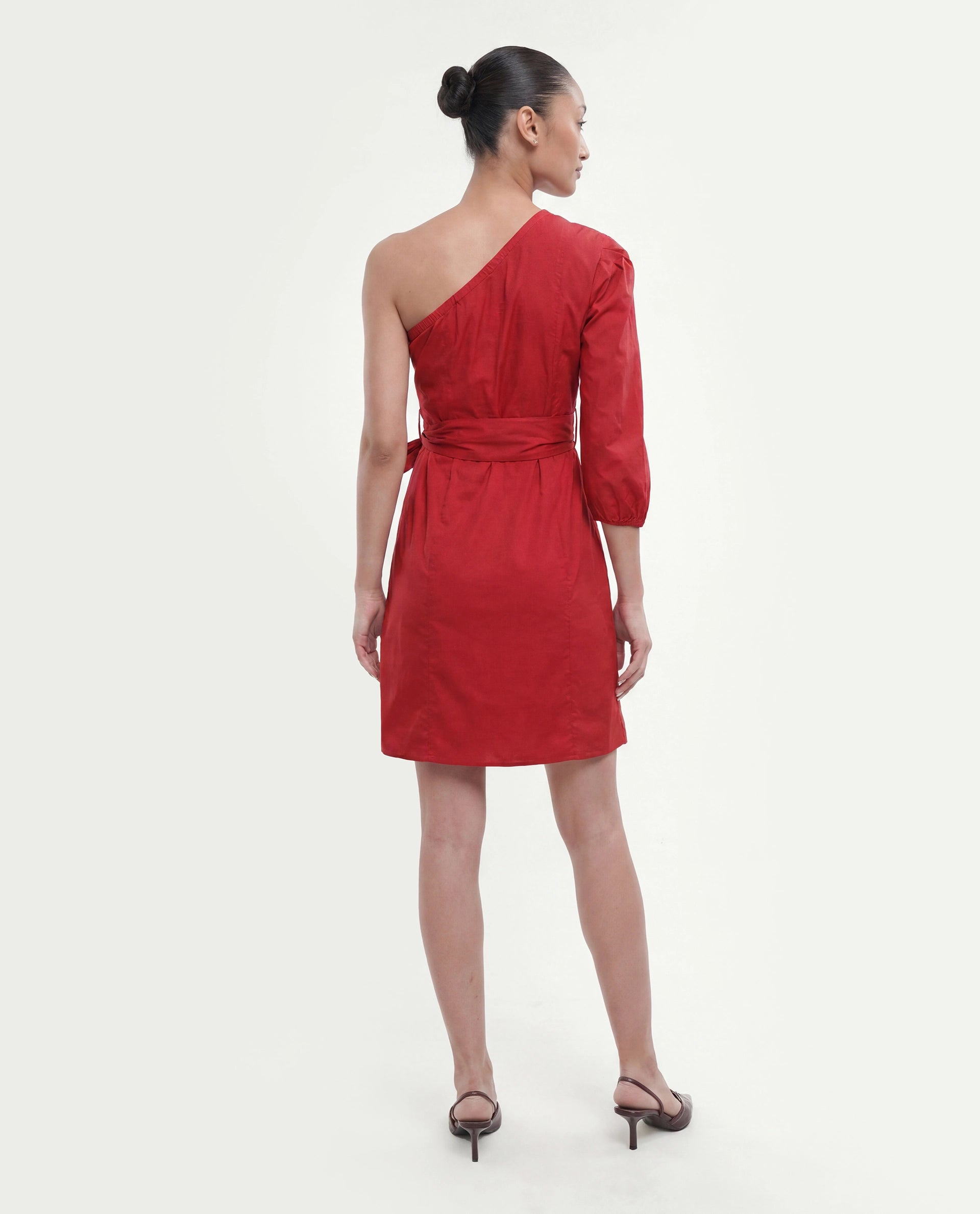 Rareism Women's Floris Red Cotton Blend One Shoulder Plain Puff Sleeves Knee Length Slim Fit Dress