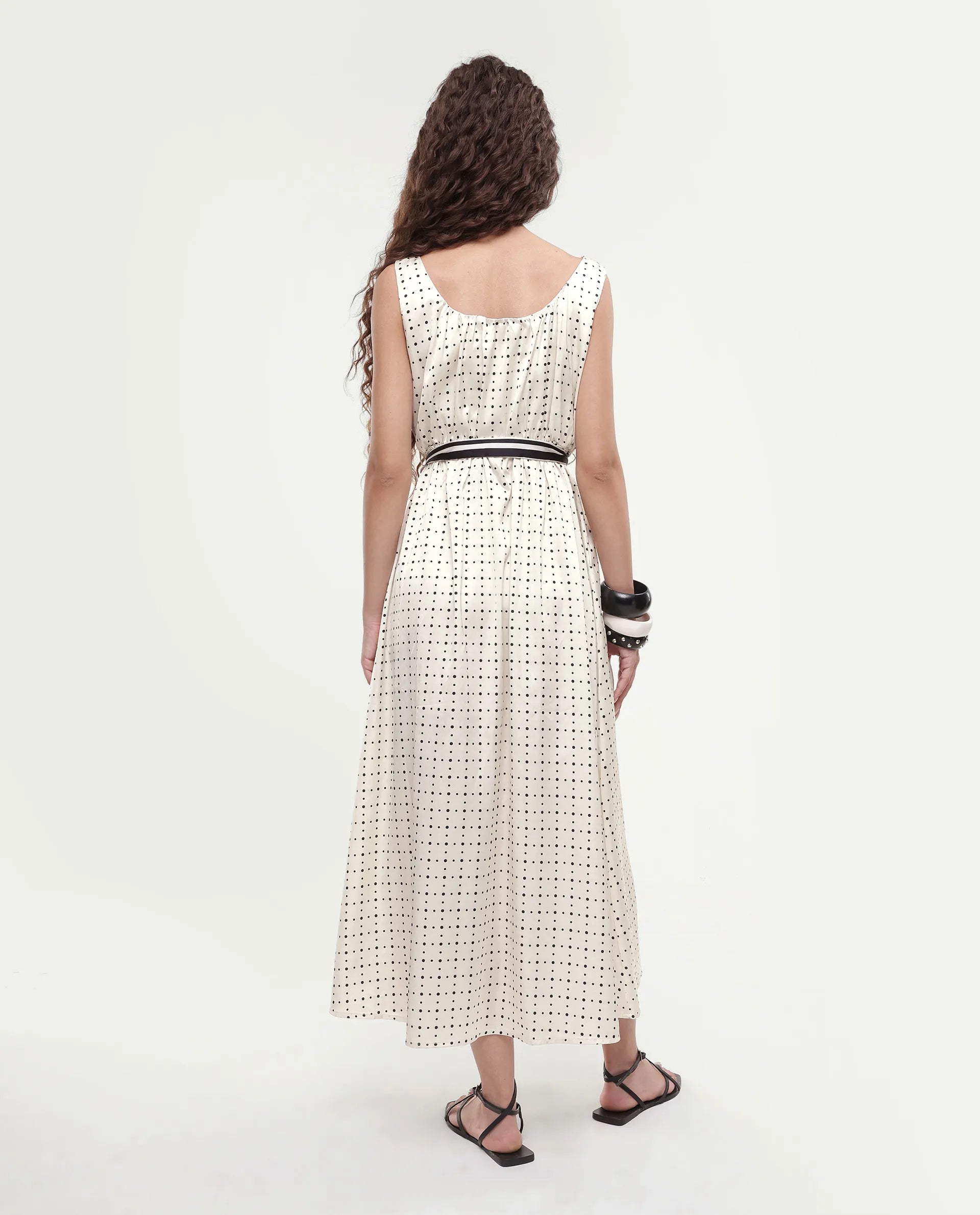 Rareism Women's Narcissa Beige Polyester Boat Neck Polka Print Sleeveless Knee Length Regular Fit Dress