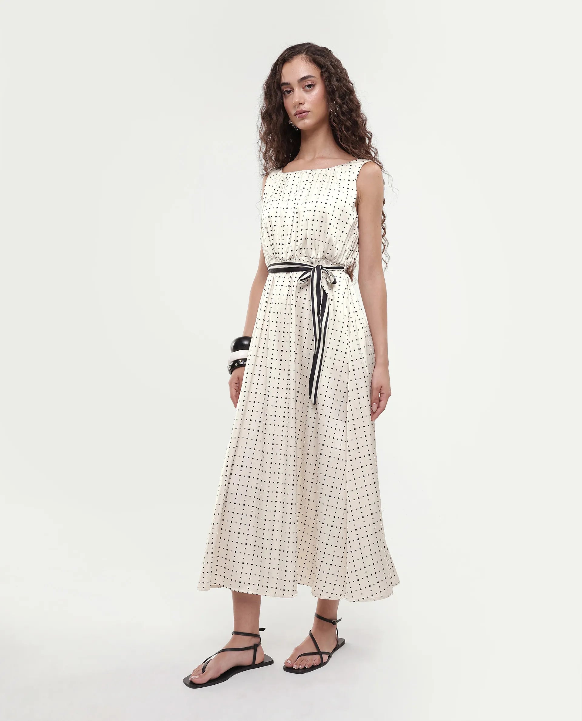 Rareism Women's Narcissa Beige Polyester Boat Neck Polka Print Sleeveless Knee Length Regular Fit Dress