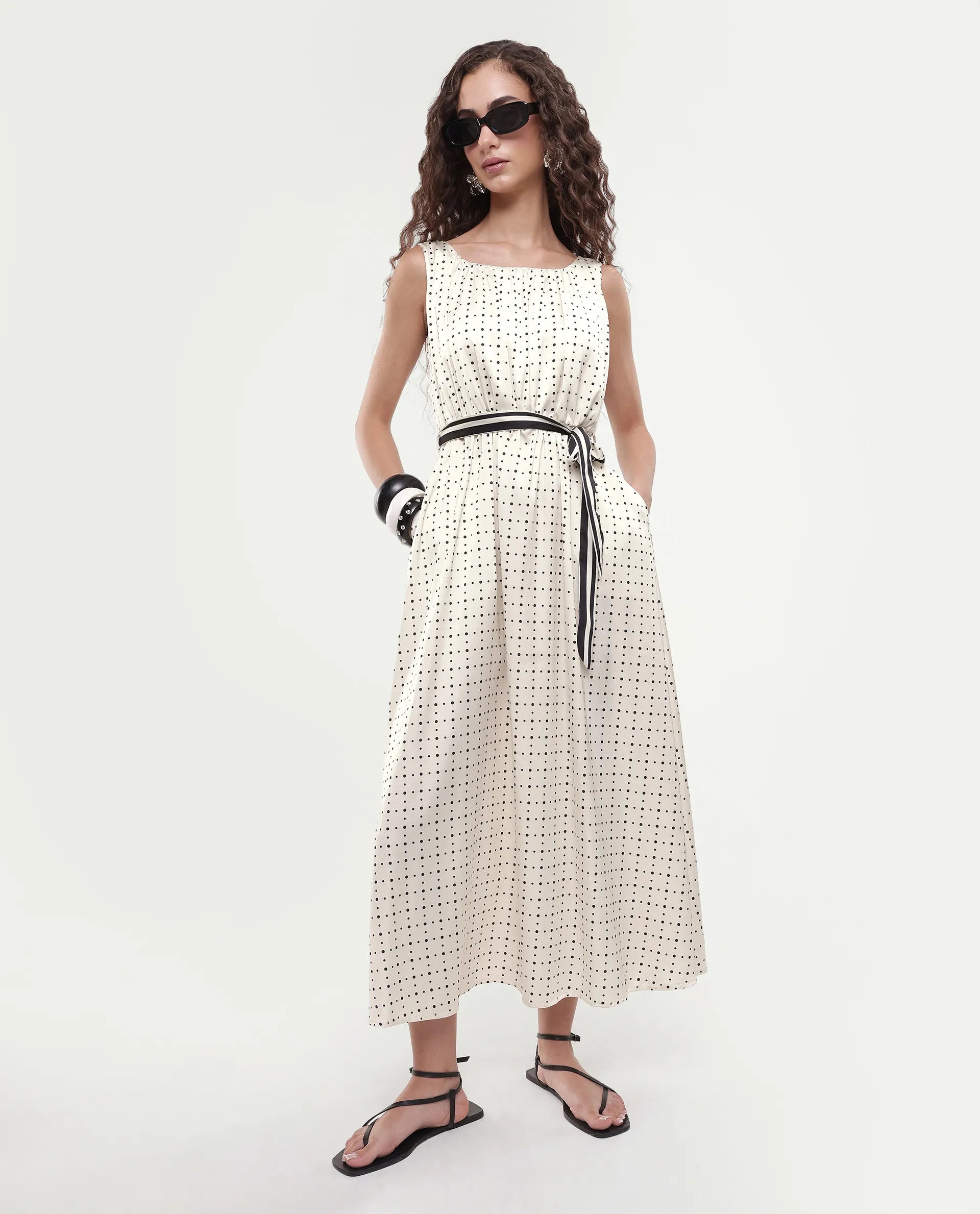 Rareism Women's Narcissa Beige Polyester Boat Neck Polka Print Sleeveless Knee Length Regular Fit Dress