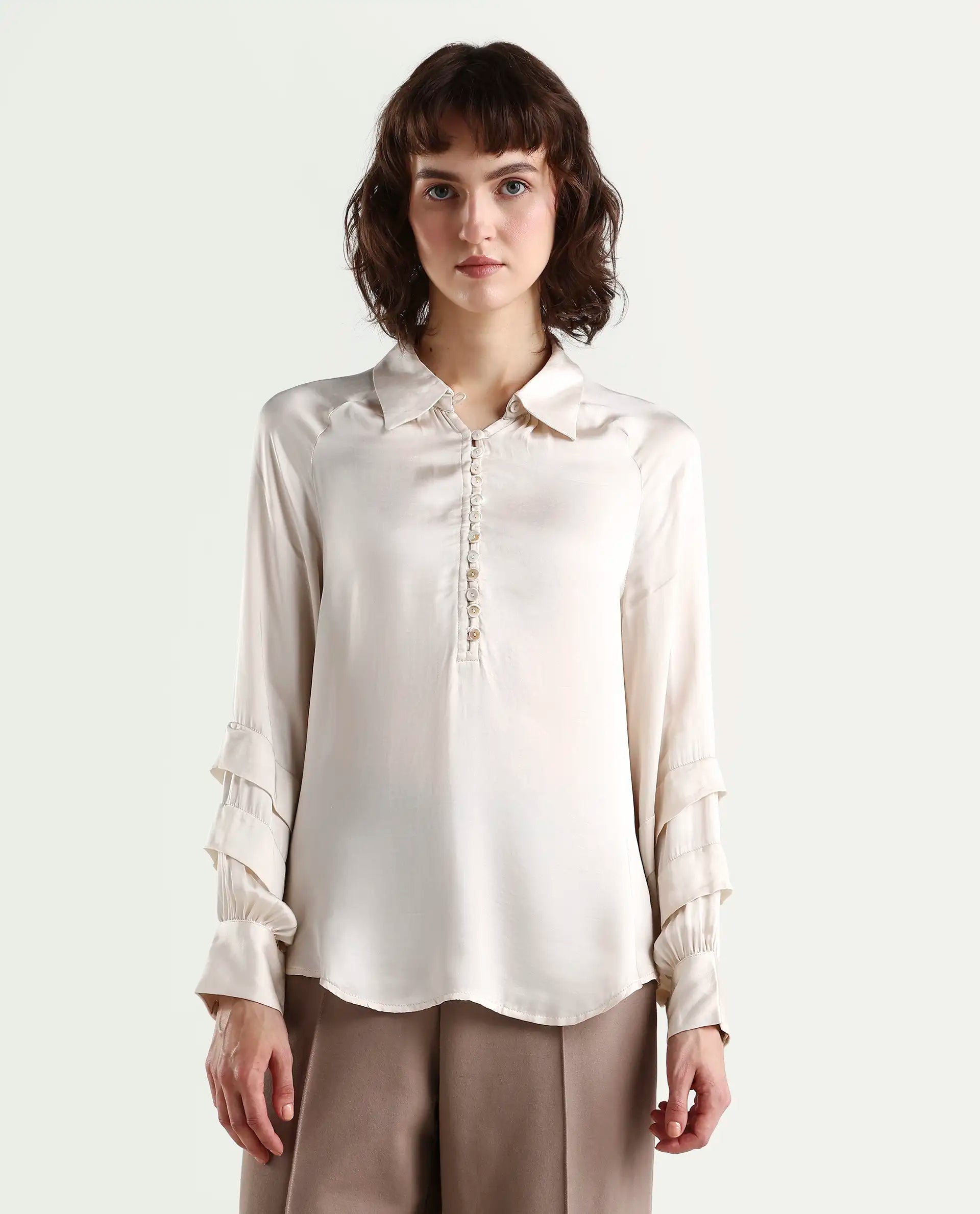 Rareism Women's Renee Beige Viscose Spread Collar Plain Bishop Sleeve Relaxed Fit Top