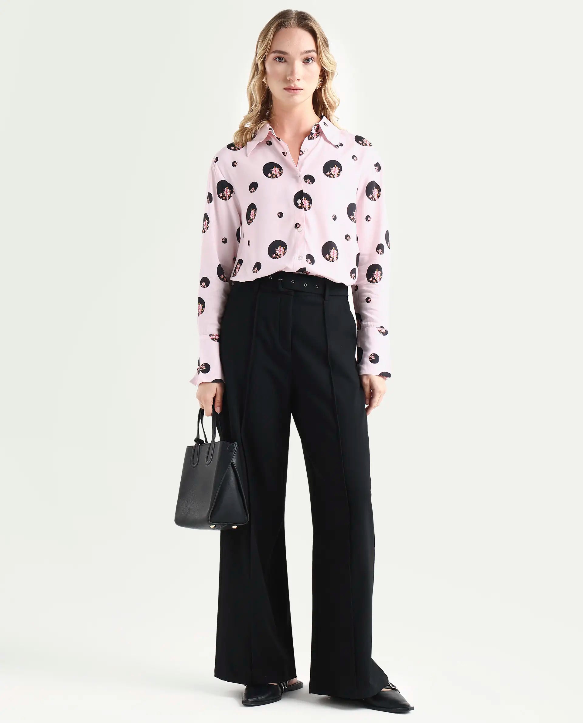 Rareism Women's Lumber Pink Viscose Spread Collar Floral Print Regular Fit Top