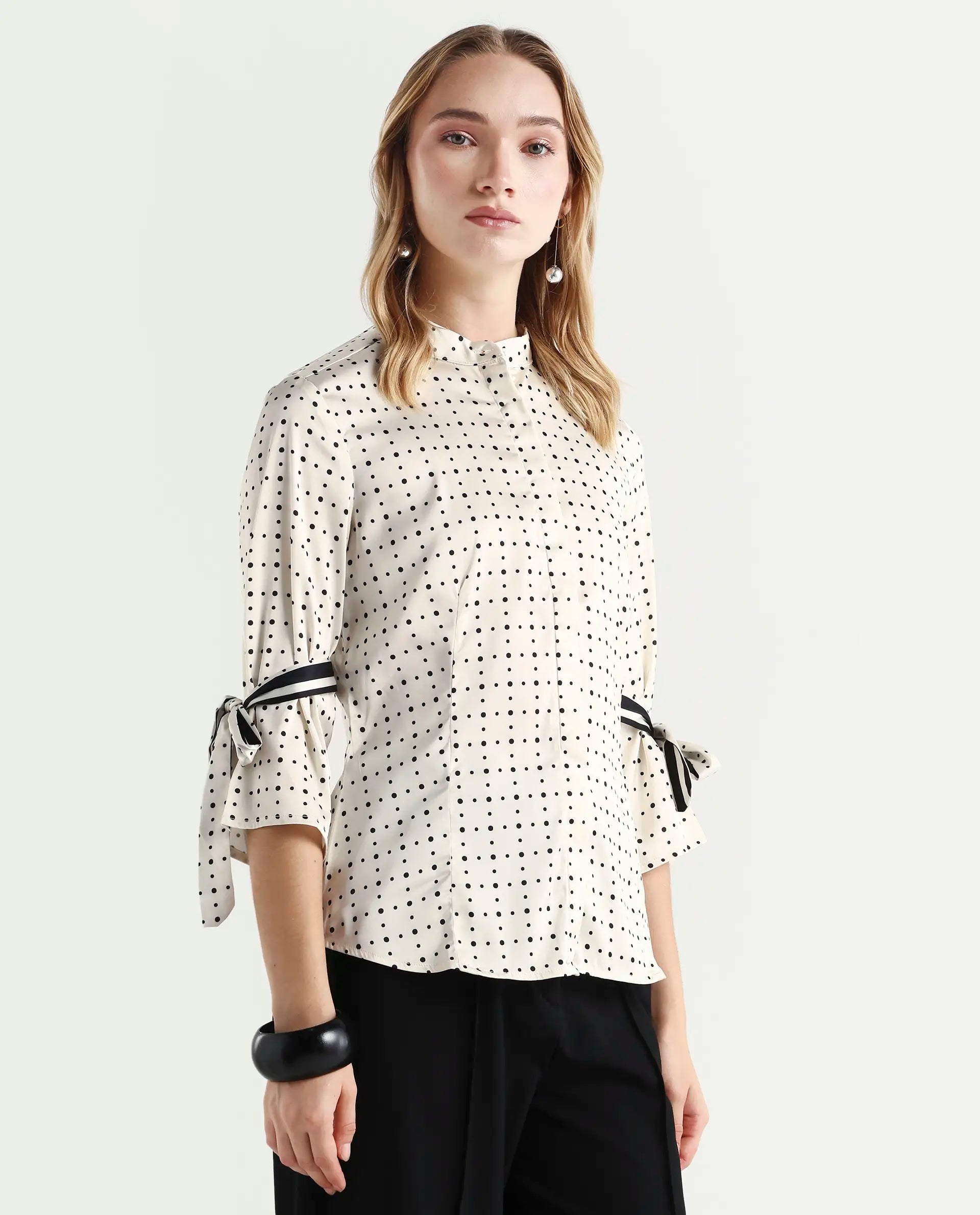 Rareism Women's Zanax Beige Polyester Mandarin Collar Polka Print Regular Fit Top