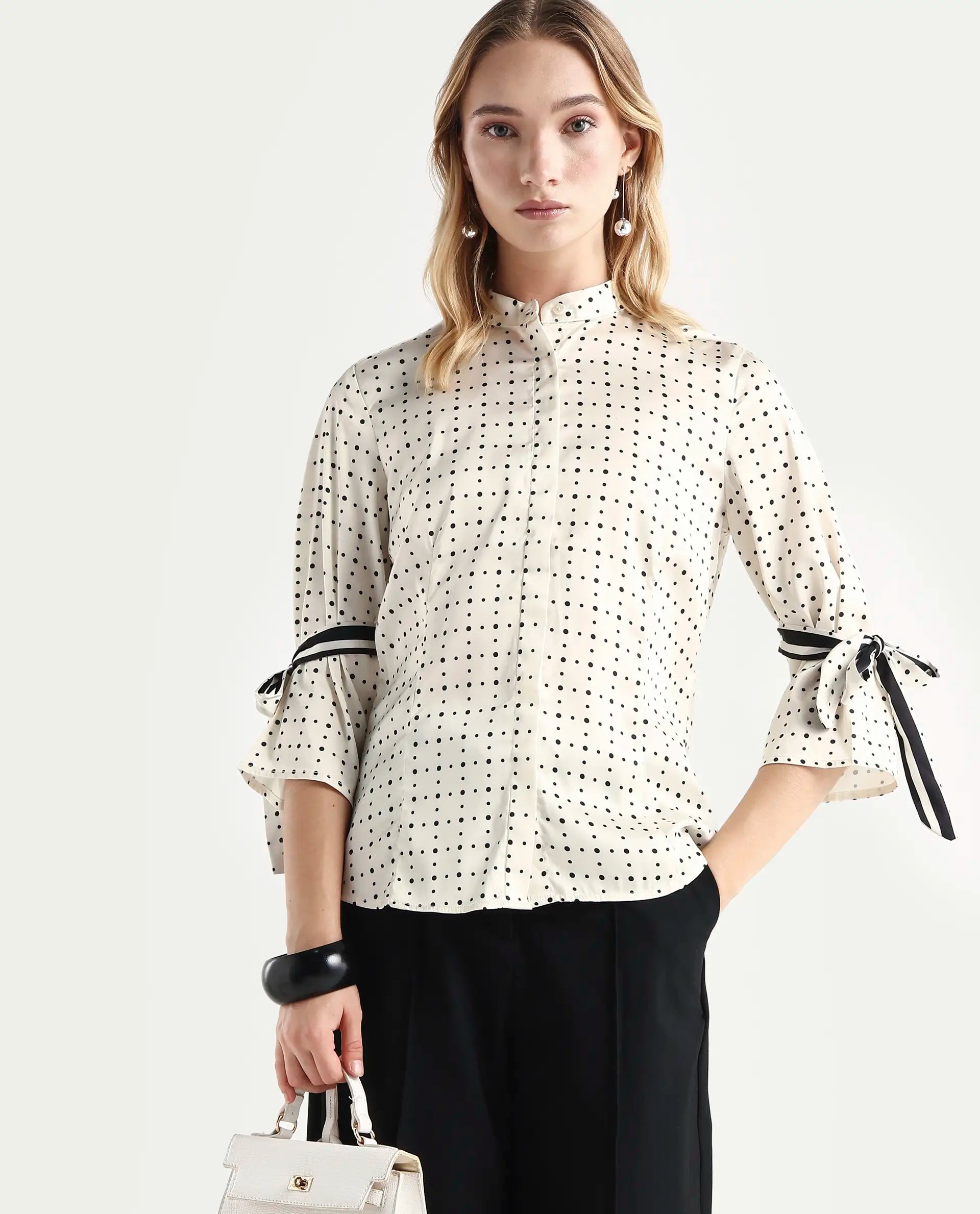 Rareism Women's Zanax Beige Polyester Mandarin Collar Polka Print Regular Fit Top