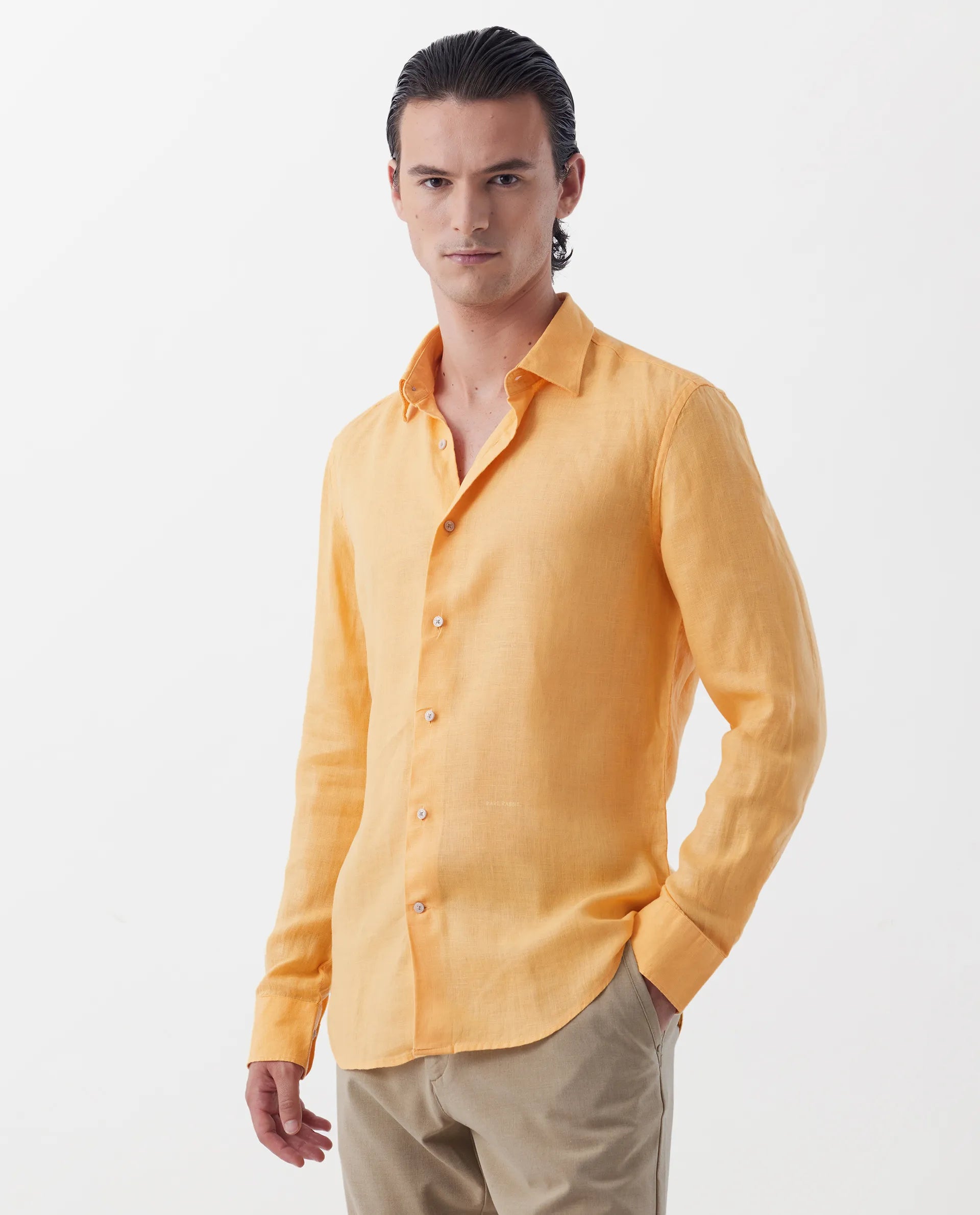Rare Rabbit Men's Lenin Yellow 100% Linen Plain Regular Fit Full Sleeve Collared Shirt