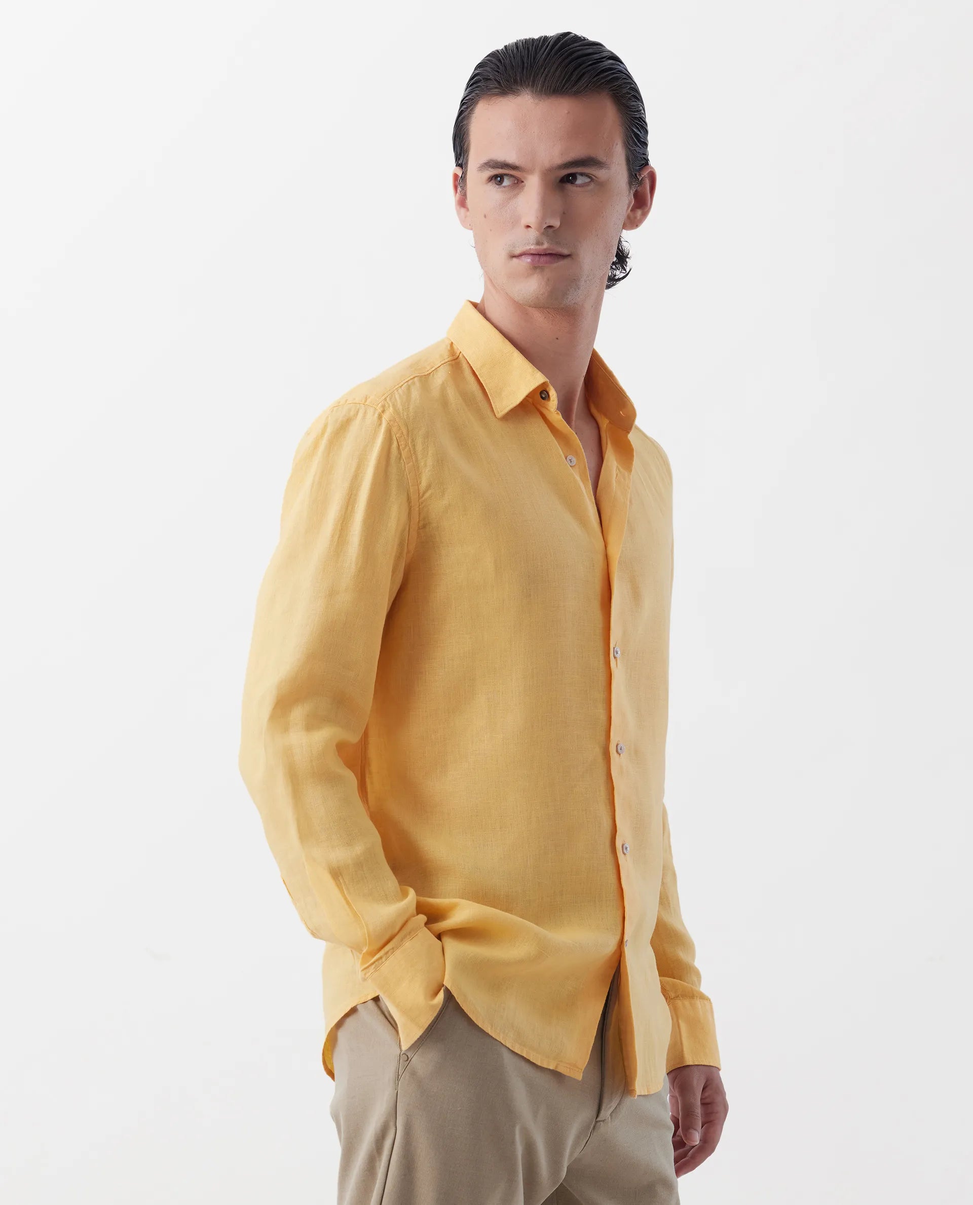 Rare Rabbit Men's Lenin Yellow 100% Linen Plain Regular Fit Full Sleeve Collared Shirt