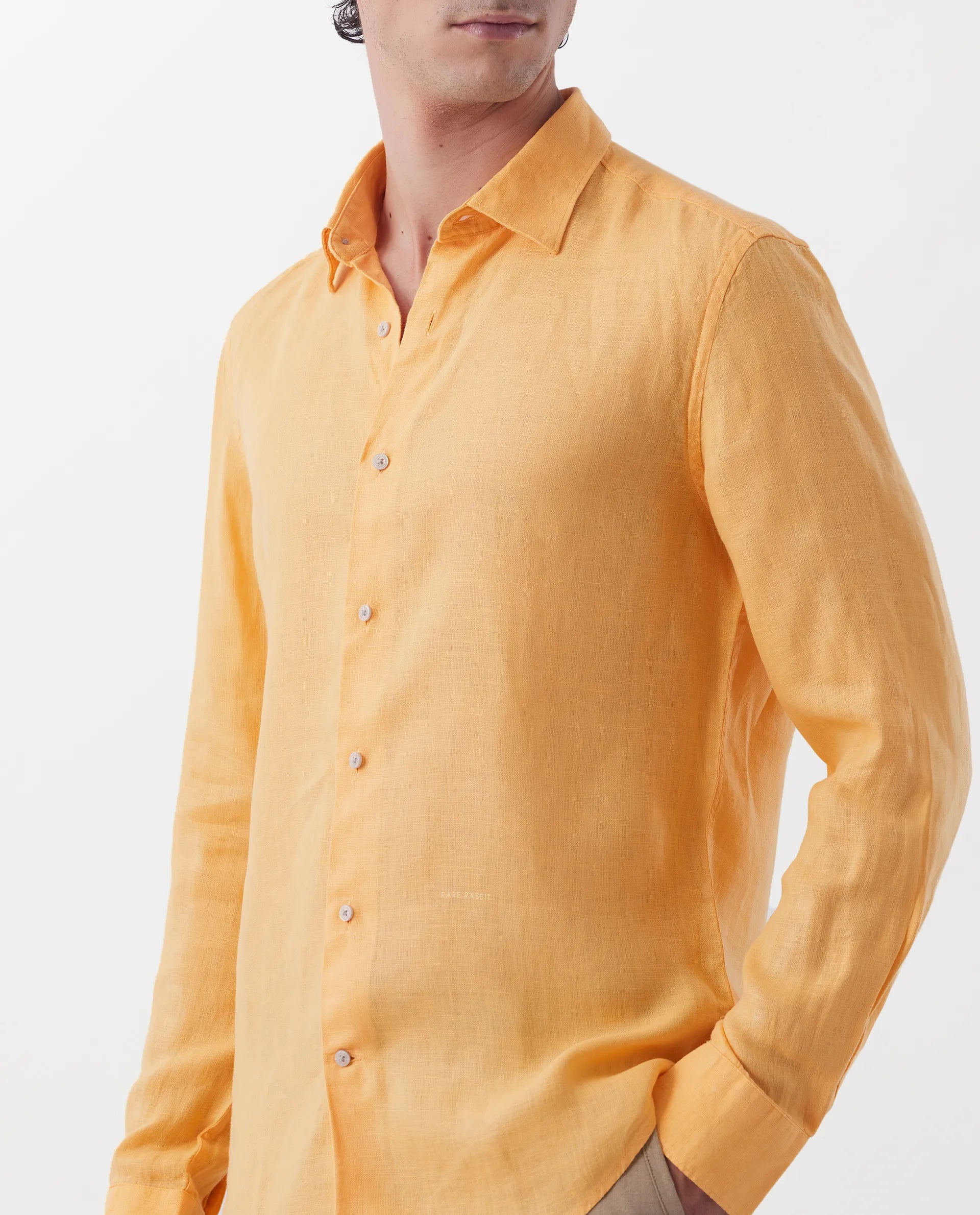 Rare Rabbit Men's Lenin Yellow 100% Linen Plain Regular Fit Full Sleeve Collared Shirt