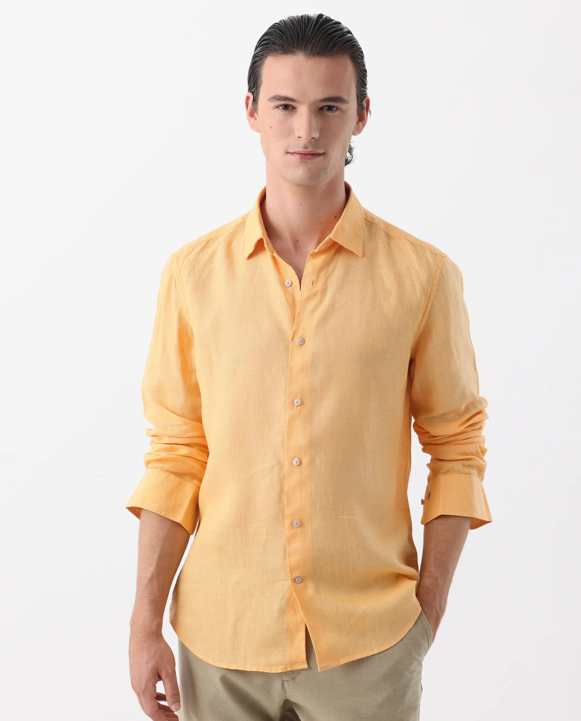 Rare Rabbit Men's Lenin Yellow 100% Linen Plain Regular Fit Full Sleeve Collared Shirt