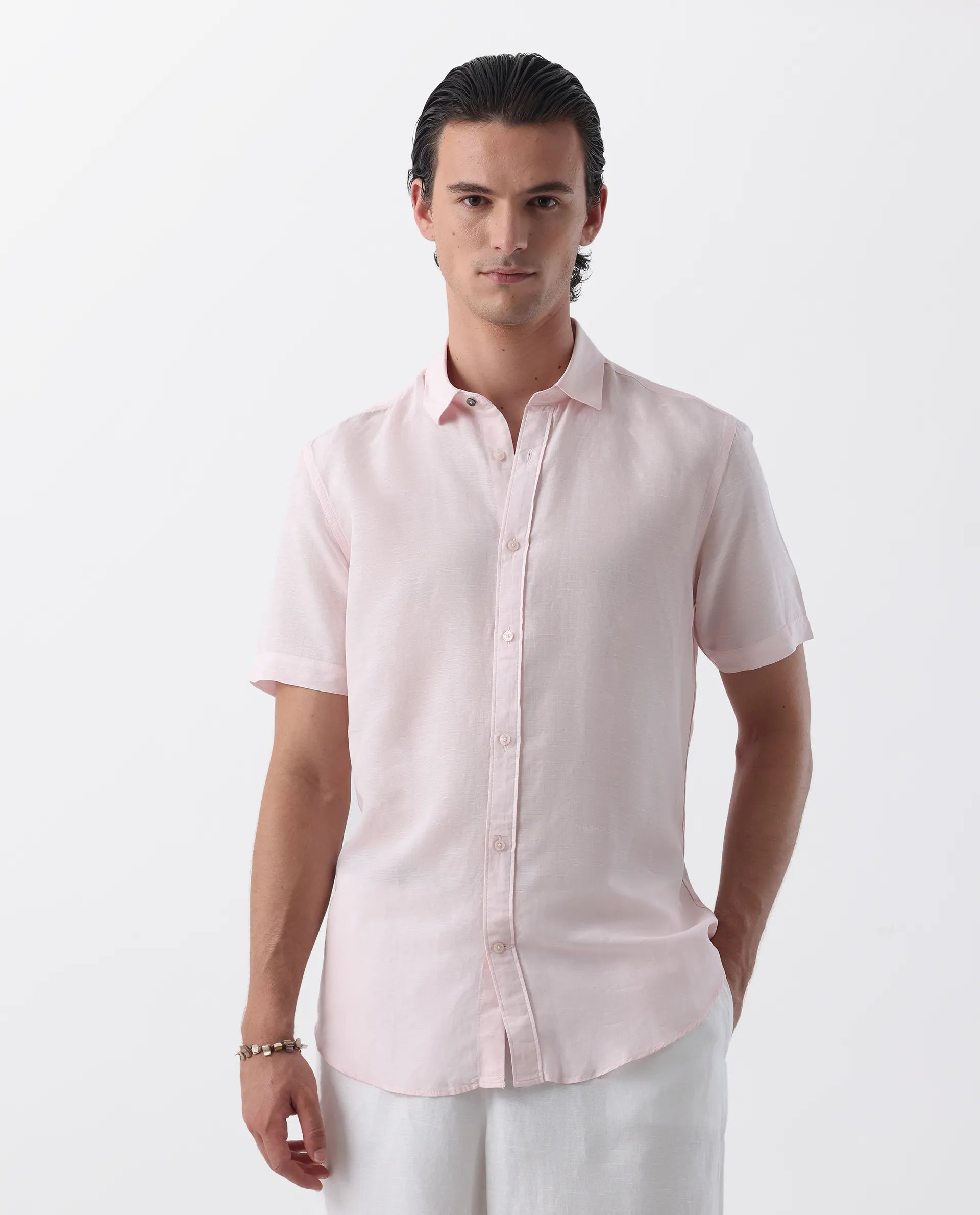 Rare Rabbit Men's Mik Light Pink Linen Blend Plain Regular Fit Half Sleeve Collared Shirt