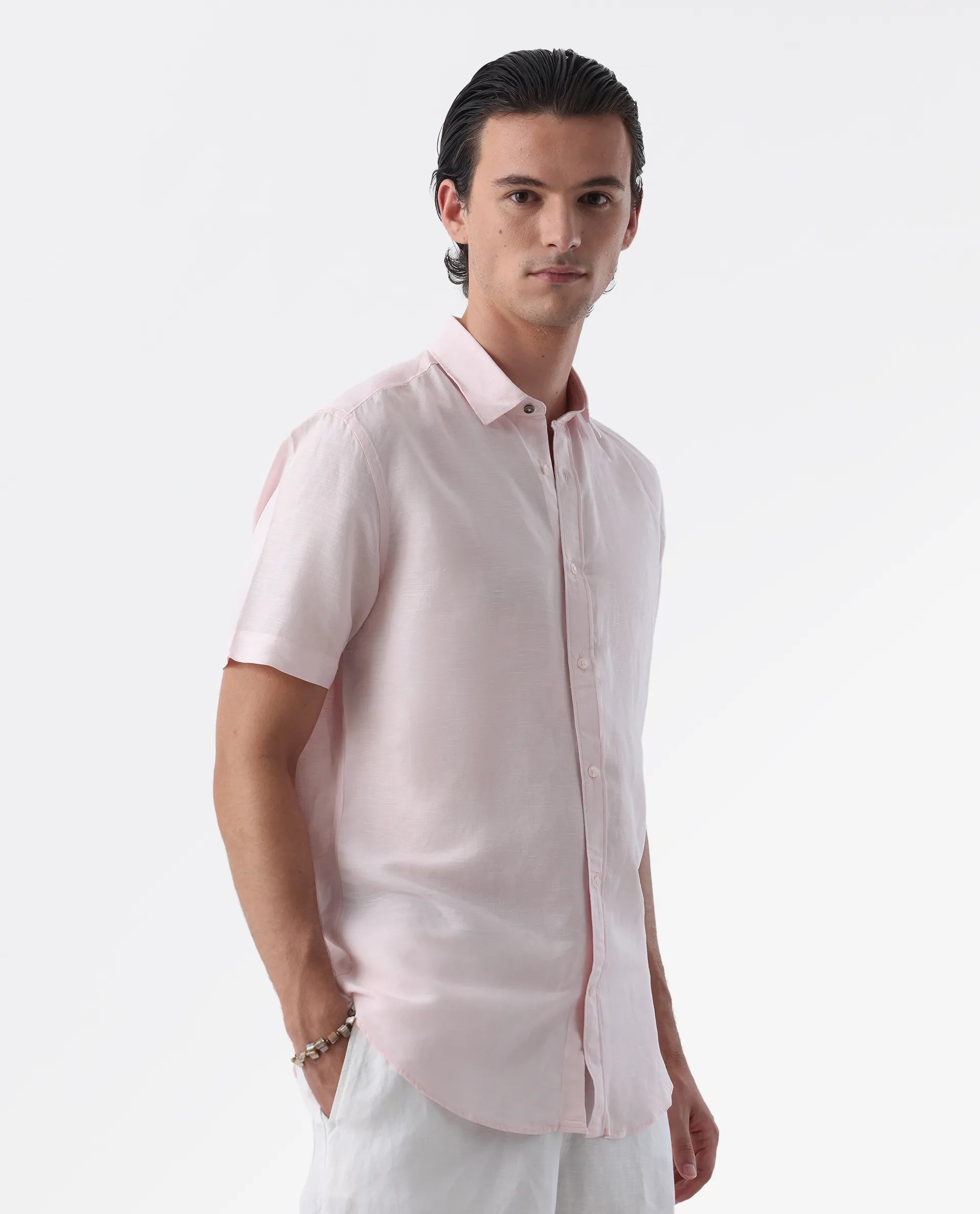 Rare Rabbit Men's Mik Light Pink Linen Blend Plain Regular Fit Half Sleeve Collared Shirt