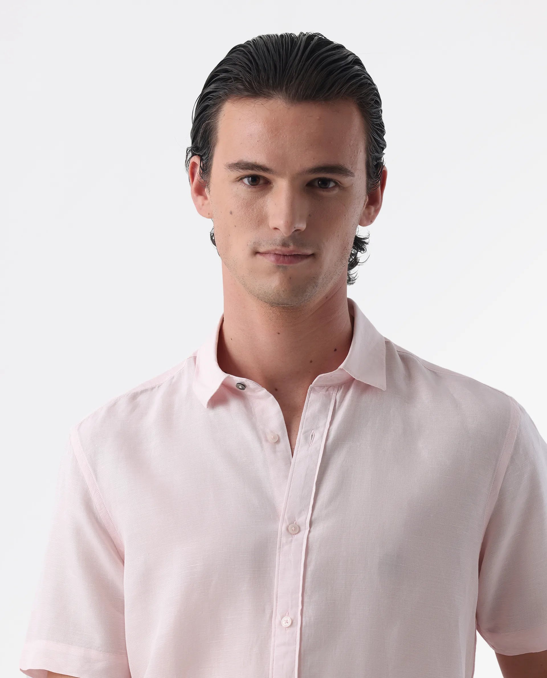 Rare Rabbit Men's Mik Light Pink Linen Blend Plain Regular Fit Half Sleeve Collared Shirt