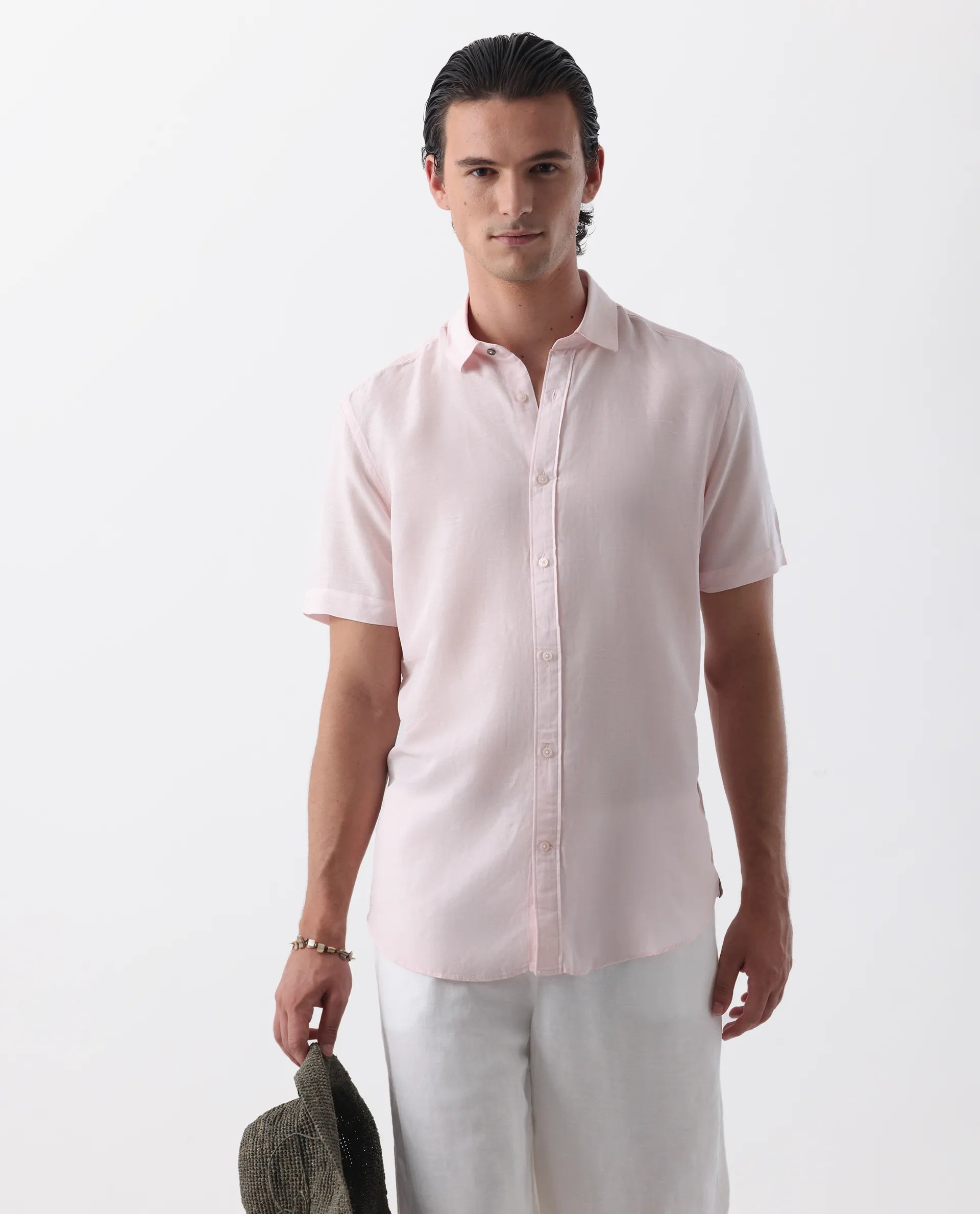 Rare Rabbit Men's Mik Light Pink Linen Blend Plain Regular Fit Half Sleeve Collared Shirt