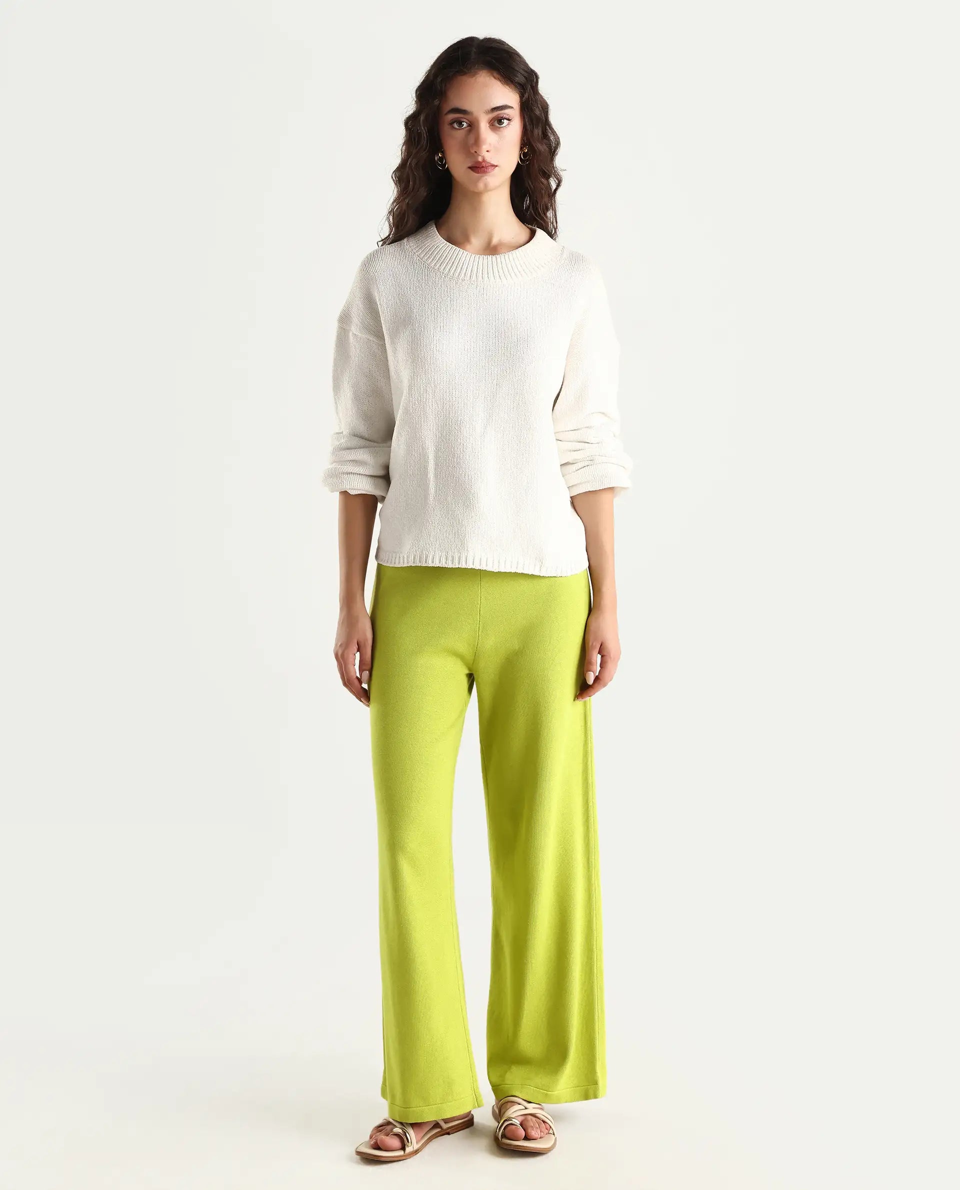 Rareism Women's Finnet Green Cotton Plain Relaxed Fit Track Pant