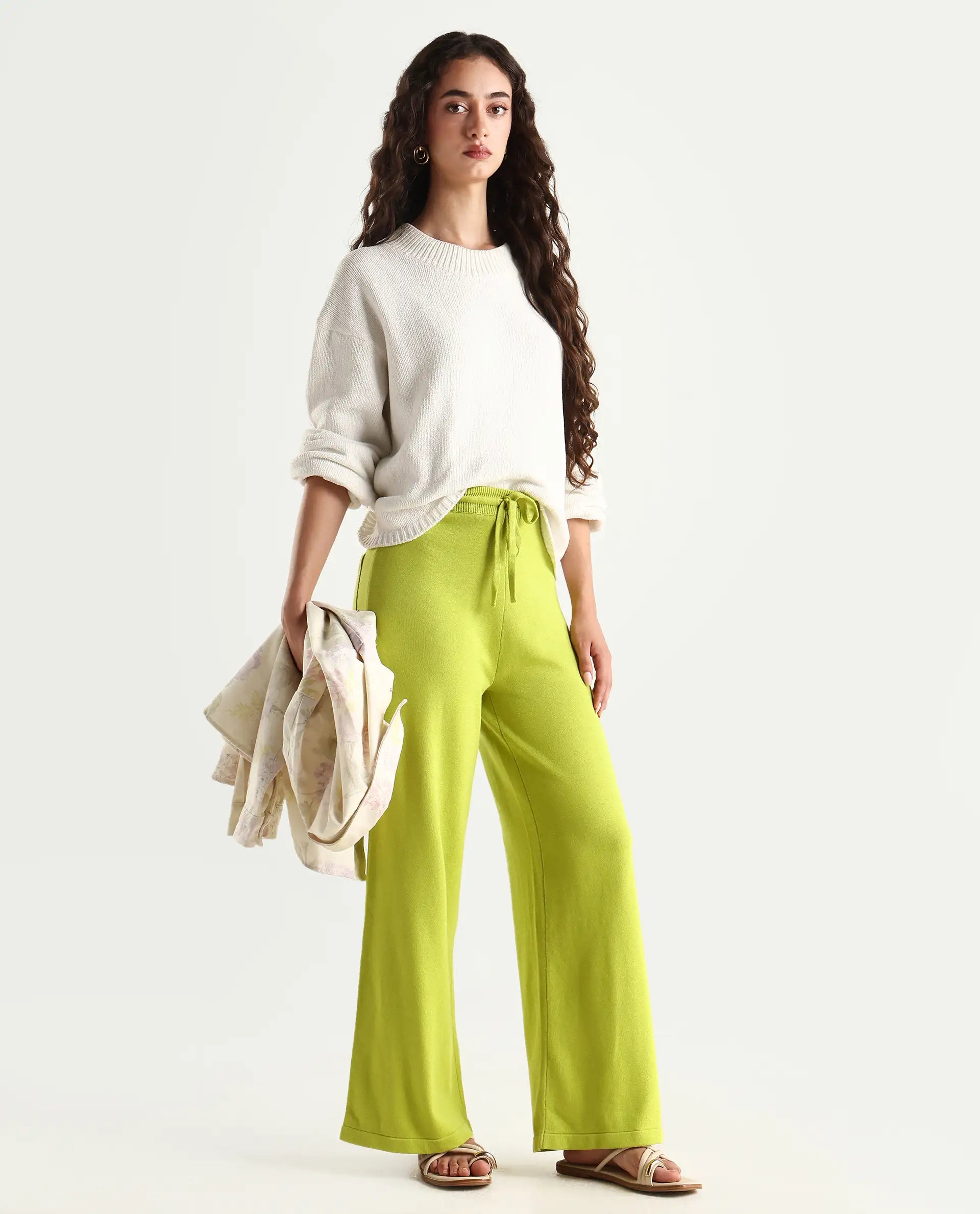 Rareism Women's Finnet Green Cotton Plain Relaxed Fit Track Pant