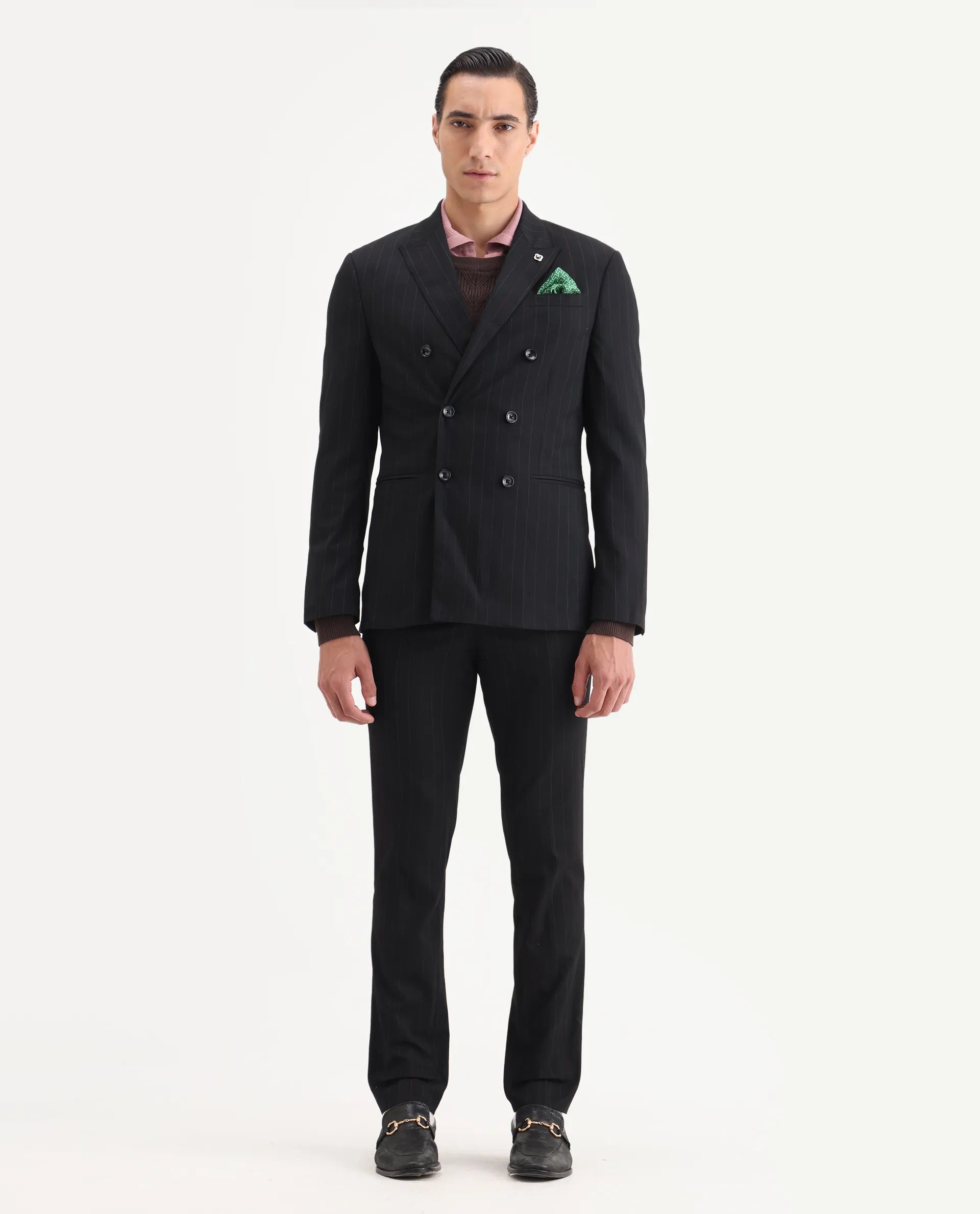 Rare Rabbit Men's Markus Black Polyester Plain Tailored Fit Full Sleeve Lapel Neck Suits