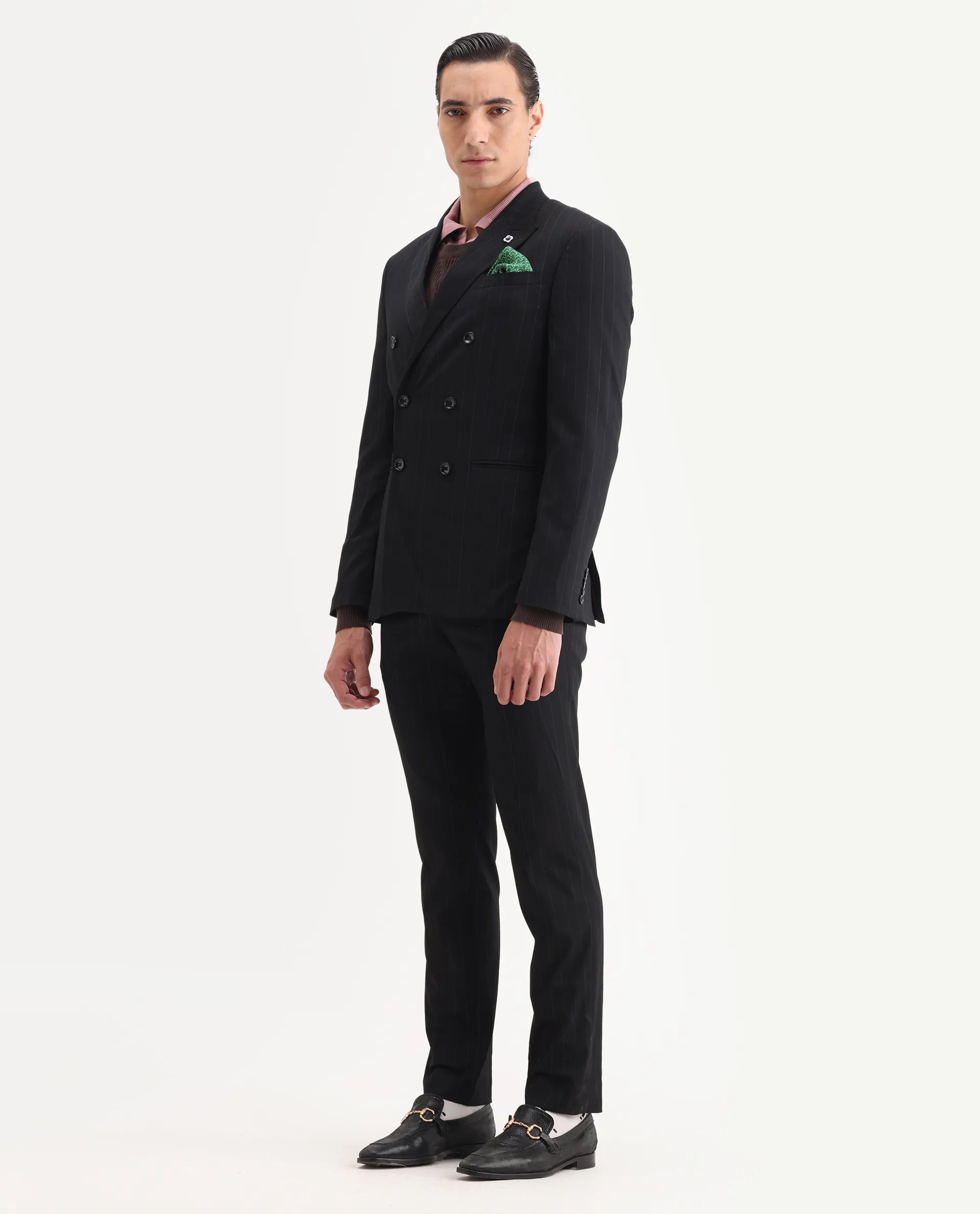 Rare Rabbit Men's Markus Black Polyester Plain Tailored Fit Full Sleeve Lapel Neck Suits