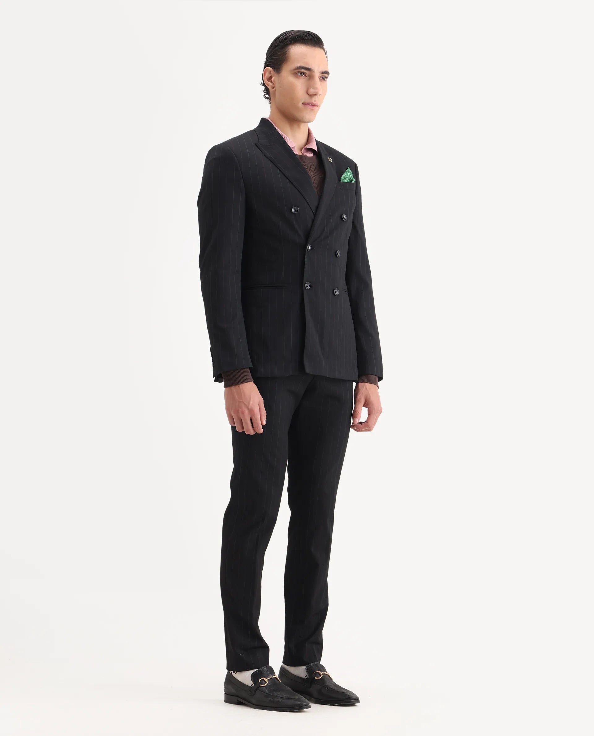 Rare Rabbit Men's Markus Black Polyester Plain Tailored Fit Full Sleeve Lapel Neck Suits