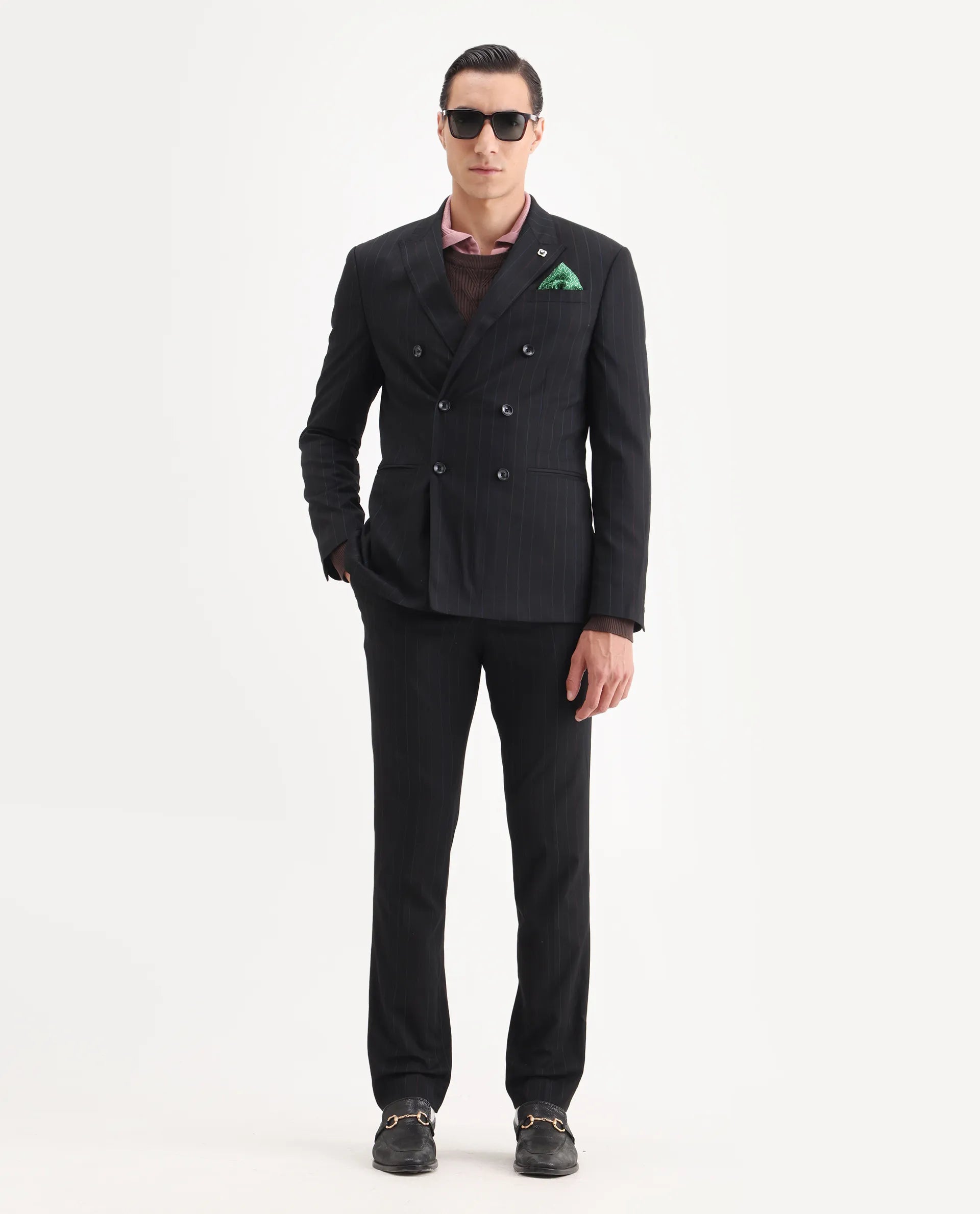 Rare Rabbit Men's Markus Black Polyester Plain Tailored Fit Full Sleeve Lapel Neck Suits