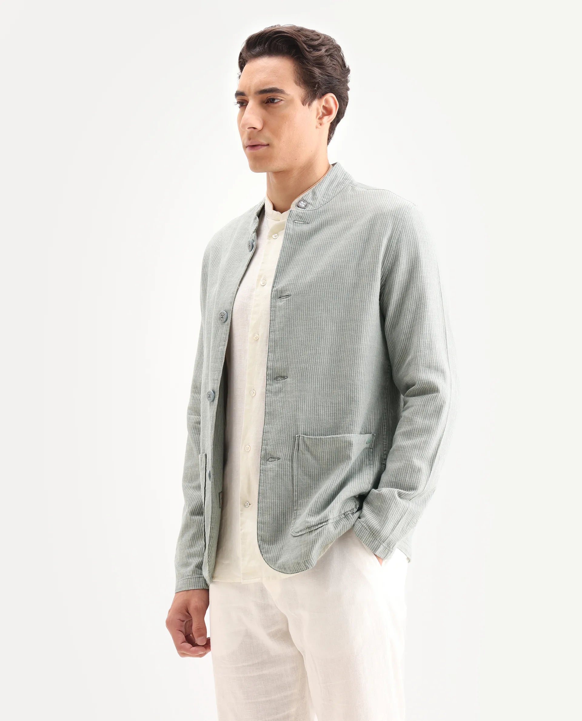 Rare Rabbit Men's Trex Green Linen Blend Striped Print Regular Fit Full Sleeve Mandarin Collar Jacket