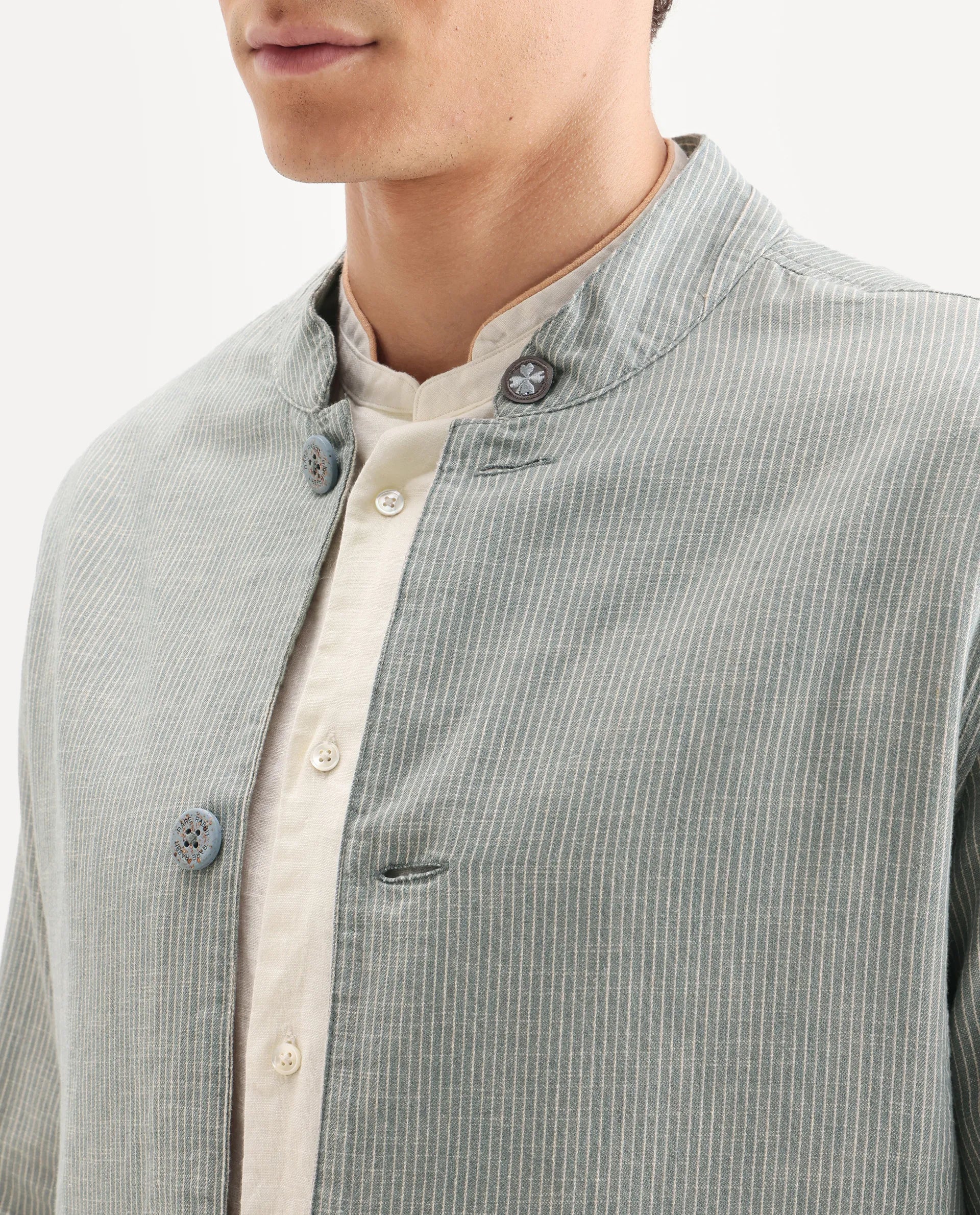 Rare Rabbit Men's Trex Green Linen Blend Striped Print Regular Fit Full Sleeve Mandarin Collar Jacket