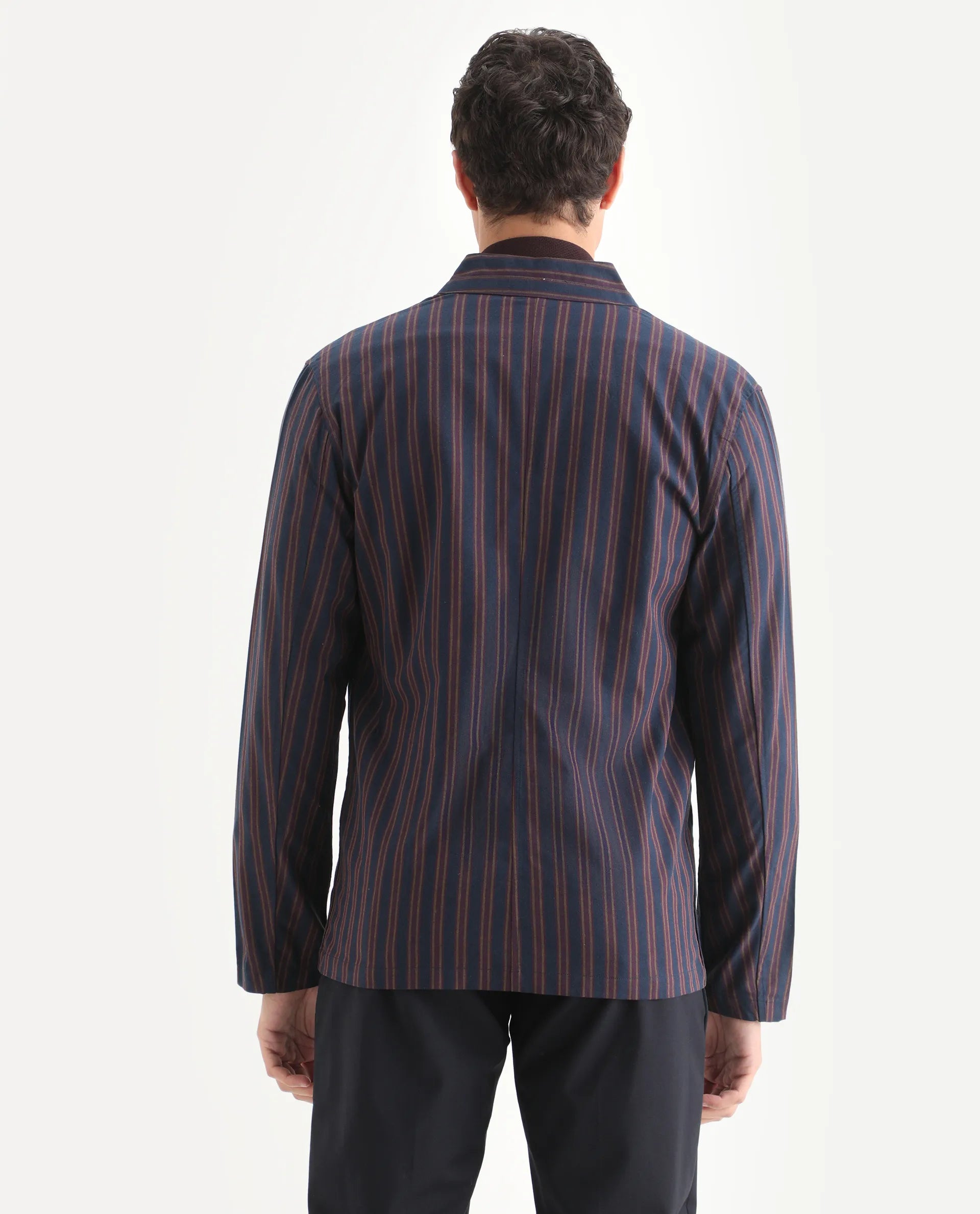 Rare Rabbit Men's Banner Navy Cotton Striped Print Regular Fit Full Sleeve Mandarin Collar Jacket