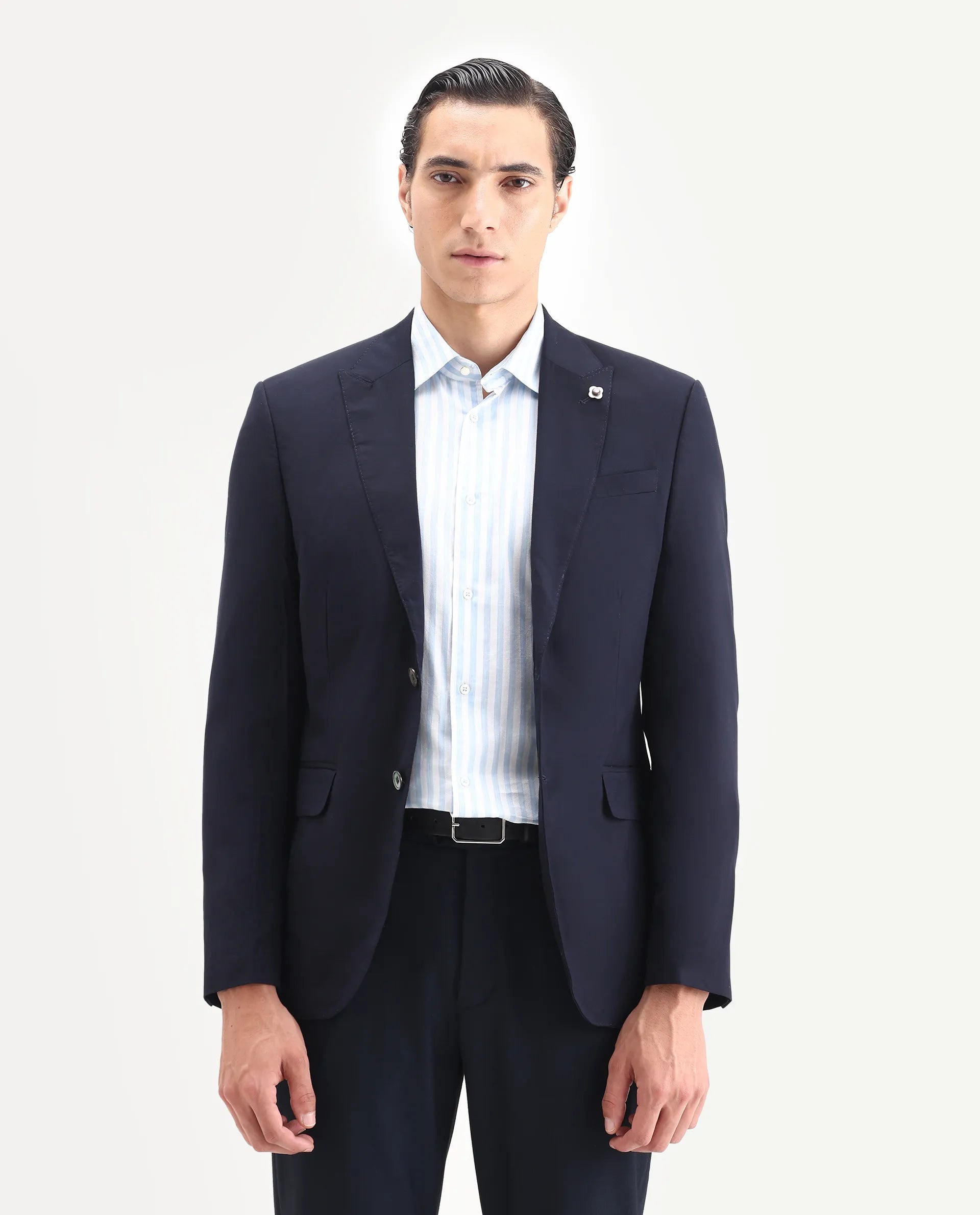 Rare Rabbit Men's Vitara Navy Cotton Plain Tailored Fit Full Sleeve Lapel Neck Blazer